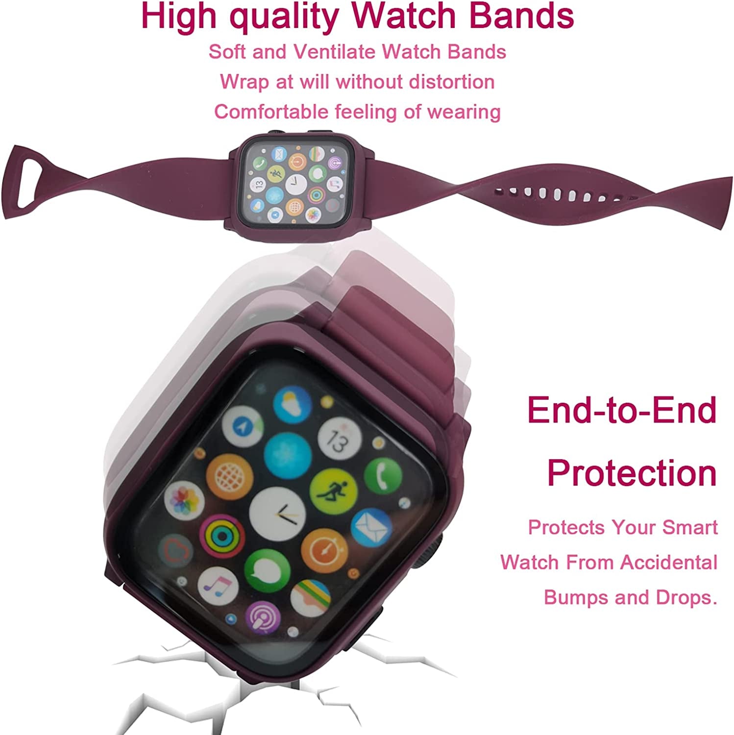 3 in 1 for Apple Watch Band with Case Built-In Screen Protector,Smartwatch Silicone Men Women Sport Wrist Strap & PC Hard Bumper Cover & Tempered Glass Screen Protector for Iwatch SE Series 8 7 6 5 4  Lasllaves   