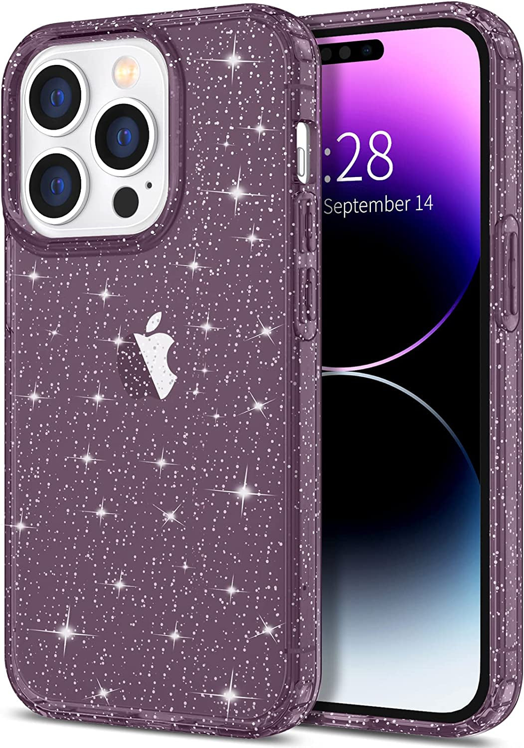 Hython Case for Iphone 14 Pro Max Case Glitter, Cute Sparkly Clear Glitter Shiny Bling Sparkle Cover, Anti-Scratch Soft TPU Slim Fit Shockproof Protective Phone Cases for Women Girls, Black Glitter  Hython Dark Purple  