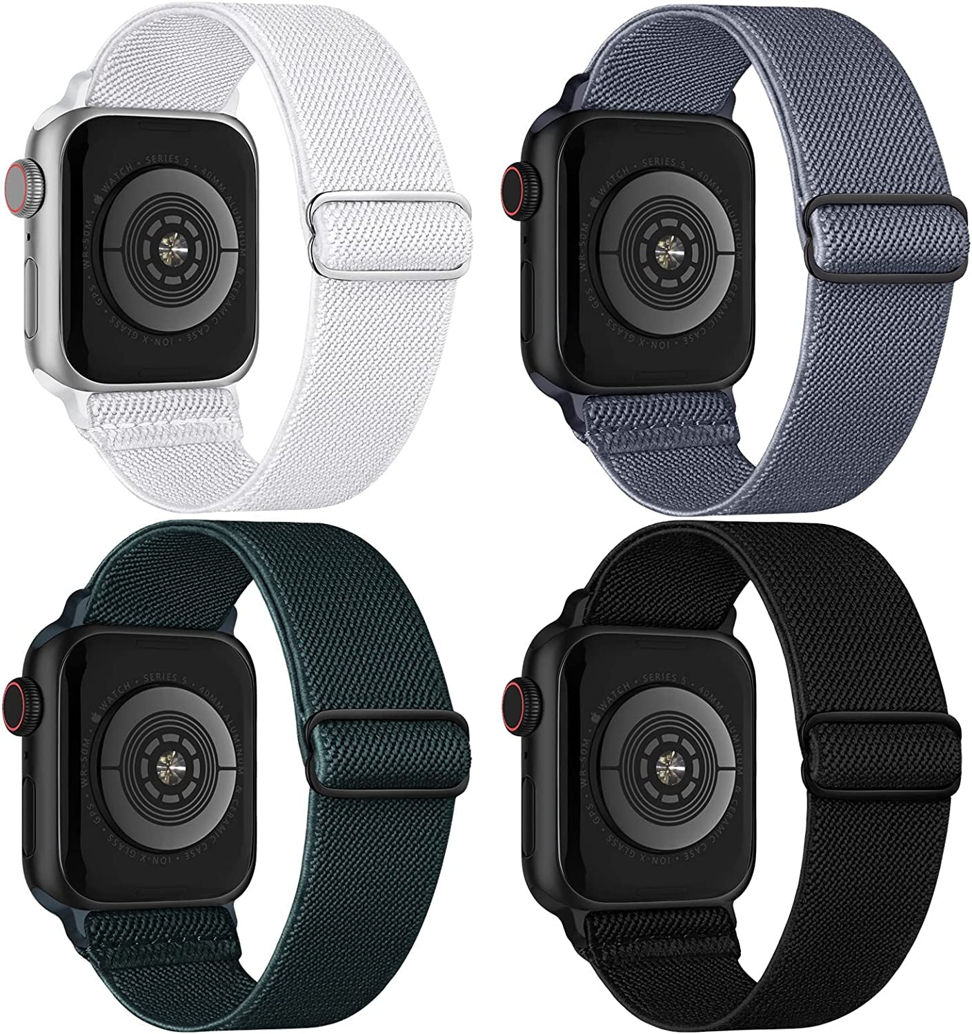 Stretchy Nylon Solo Loop Compatible with Apple Watch Band 38Mm 40Mm 41Mm 42Mm 44Mm 45Mm 49Mm Series 8/7/6/5/4/3/2/1/Se/Ultra  CCnutri Black/White/DeepGreen/BlueGray 38mm/40mm/41mm 