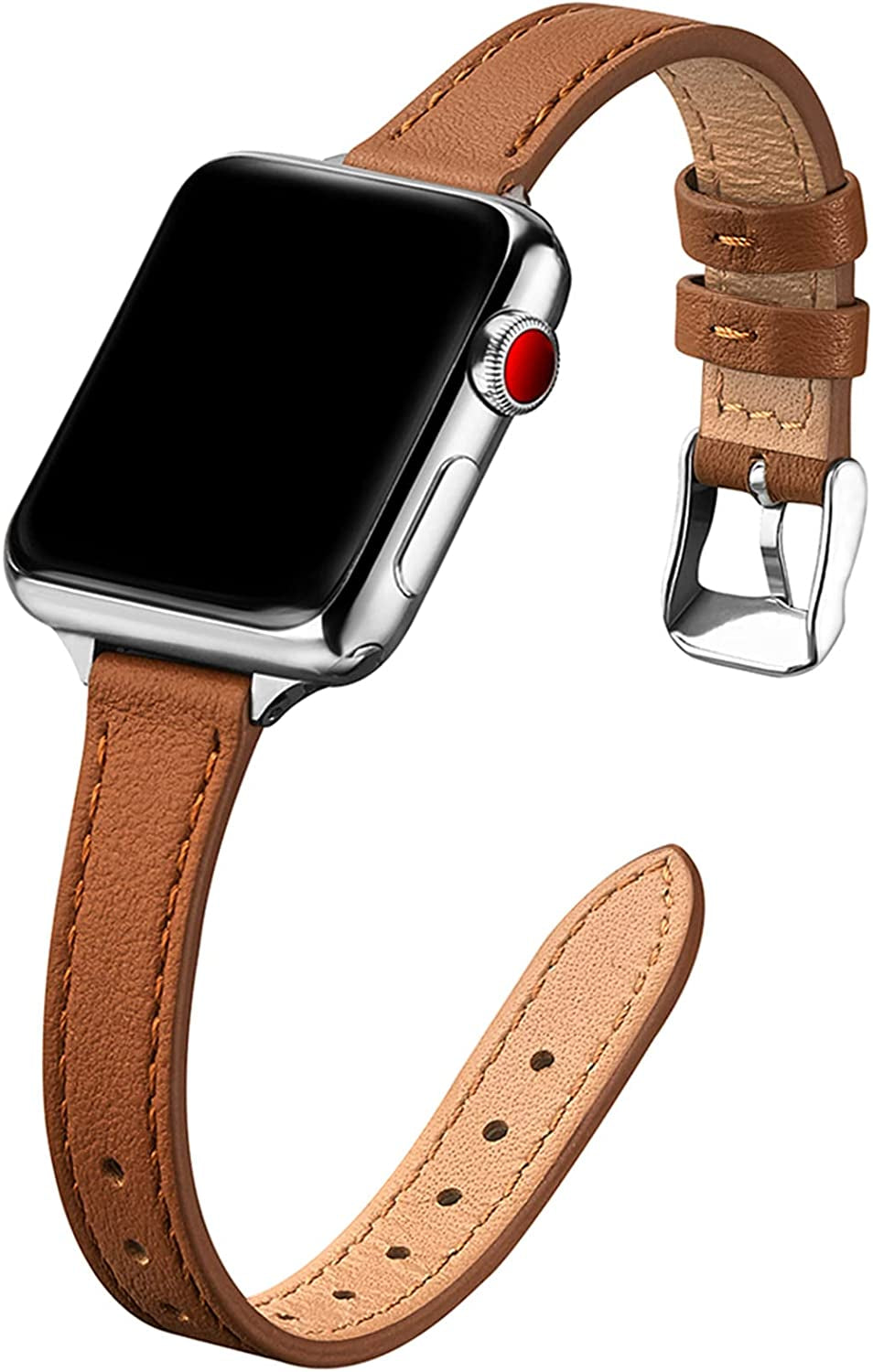 STIROLL Slim Leather Bands Compatible with Apple Watch Band 38Mm 40Mm 41Mm 42Mm 44Mm 45Mm 49Mm, Top Grain Leather Watch Thin Wristband for Iwatch Ultra SE Series 8/7/6/5/4/3/2/1  STIROLL Brown with Silver 42mm/44mm/45mm/49mm 