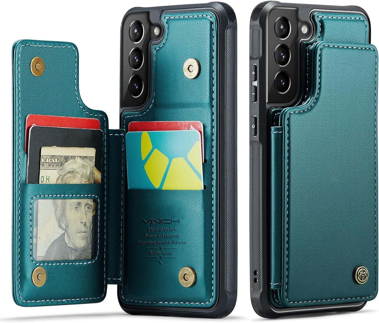 Vinich Samsung Galaxy S21 Case with Card Holder, Samsung S21 Wallet Case for Women Men with RFID Blocking, Durable Leather Kickstand Shockproof Flip Phone Case for Galaxy S21 5G, Rose Gold  Vinich Bluish Blue  