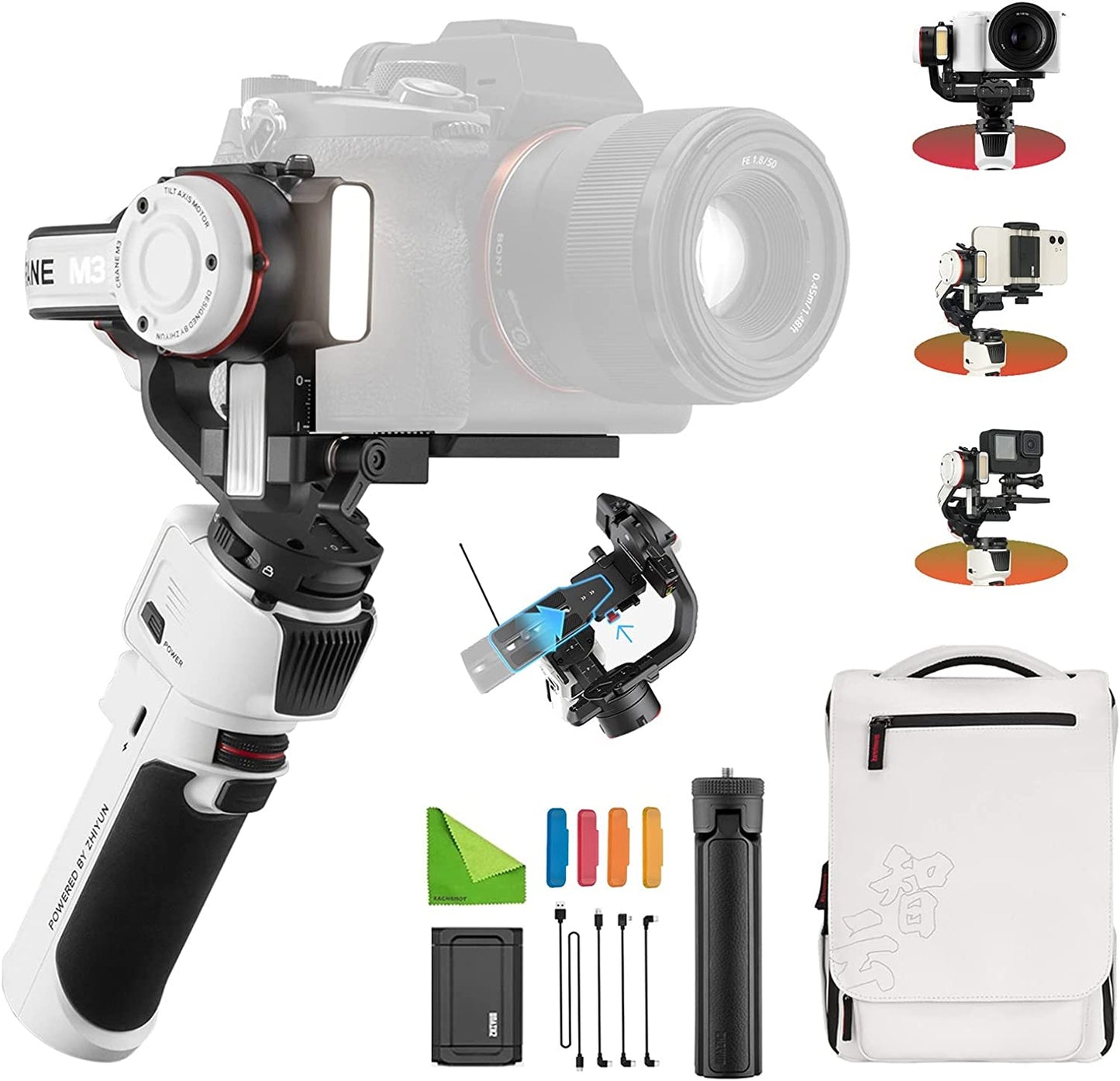 Zhiyun Crane M3 Combo W/Go Pro Mount + Phone Holder + Backpack + Tripod 3-Axis Handheld Gimbal Stabilizer for Light-Weight Mirrorless/Sport/Action Cameras Smartphone Compatible with Gopro Hero Iphone  Zhiyun   