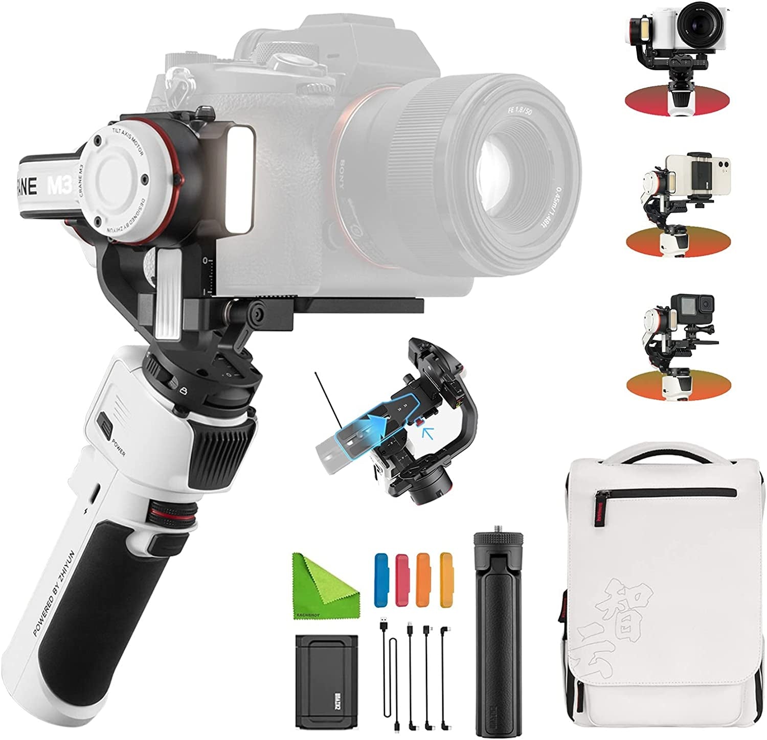 Zhiyun Crane M3 Combo W/Go Pro Mount + Phone Holder + Backpack + Tripod 3-Axis Handheld Gimbal Stabilizer for Light-Weight Mirrorless/Sport/Action Cameras Smartphone Compatible with Gopro Hero Iphone  Zhiyun   