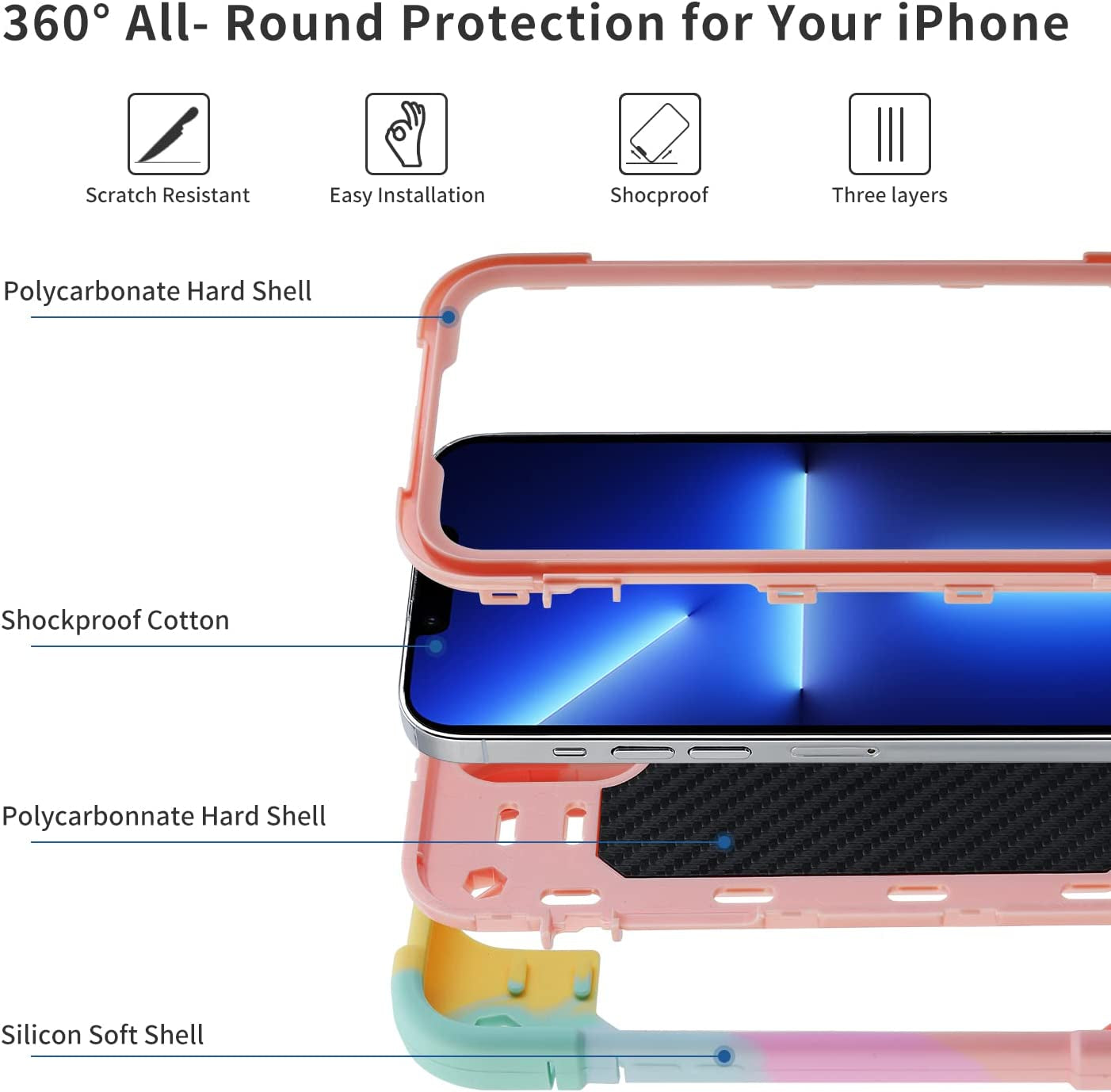MARKILL Compatible with Iphone 14 Case/Iphone 13 Case 6.1 Inch with Built-In 360°Rotating Ring Stand, Military Grade Drop Protection Full Body Rugged Heavy Duty Protective Cover. (Rainbow Pink)  MARKILL   