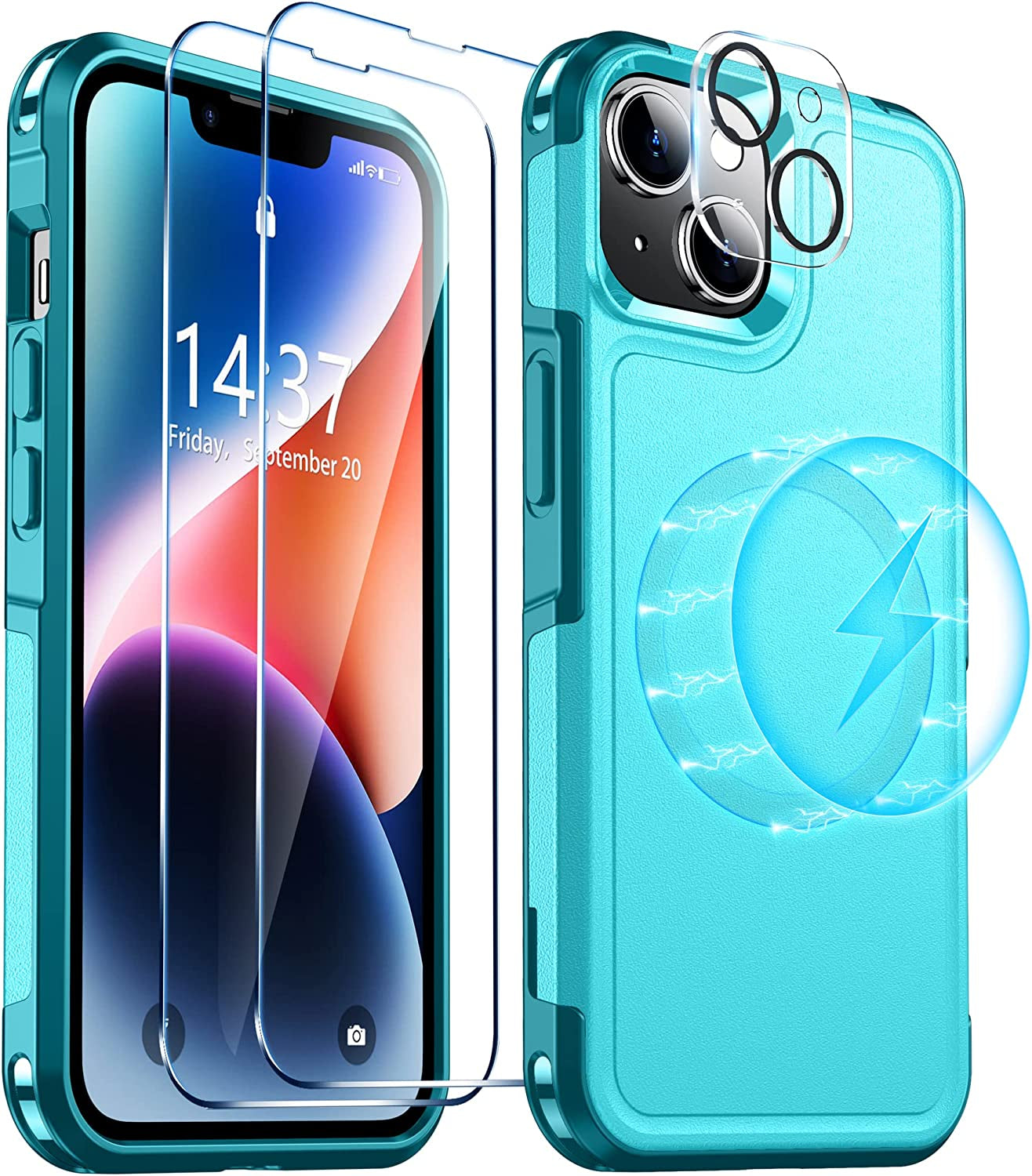 Red2Fire Magnetic for Iphone 14 plus Case [Compatible with Magsafe][Military Grade Drop Protection][Glass Screen Protector+Camera Lens Protector] Heavy Duty Shockproof Phone Case 6.7"-Black  Red2Fire Light Blue  