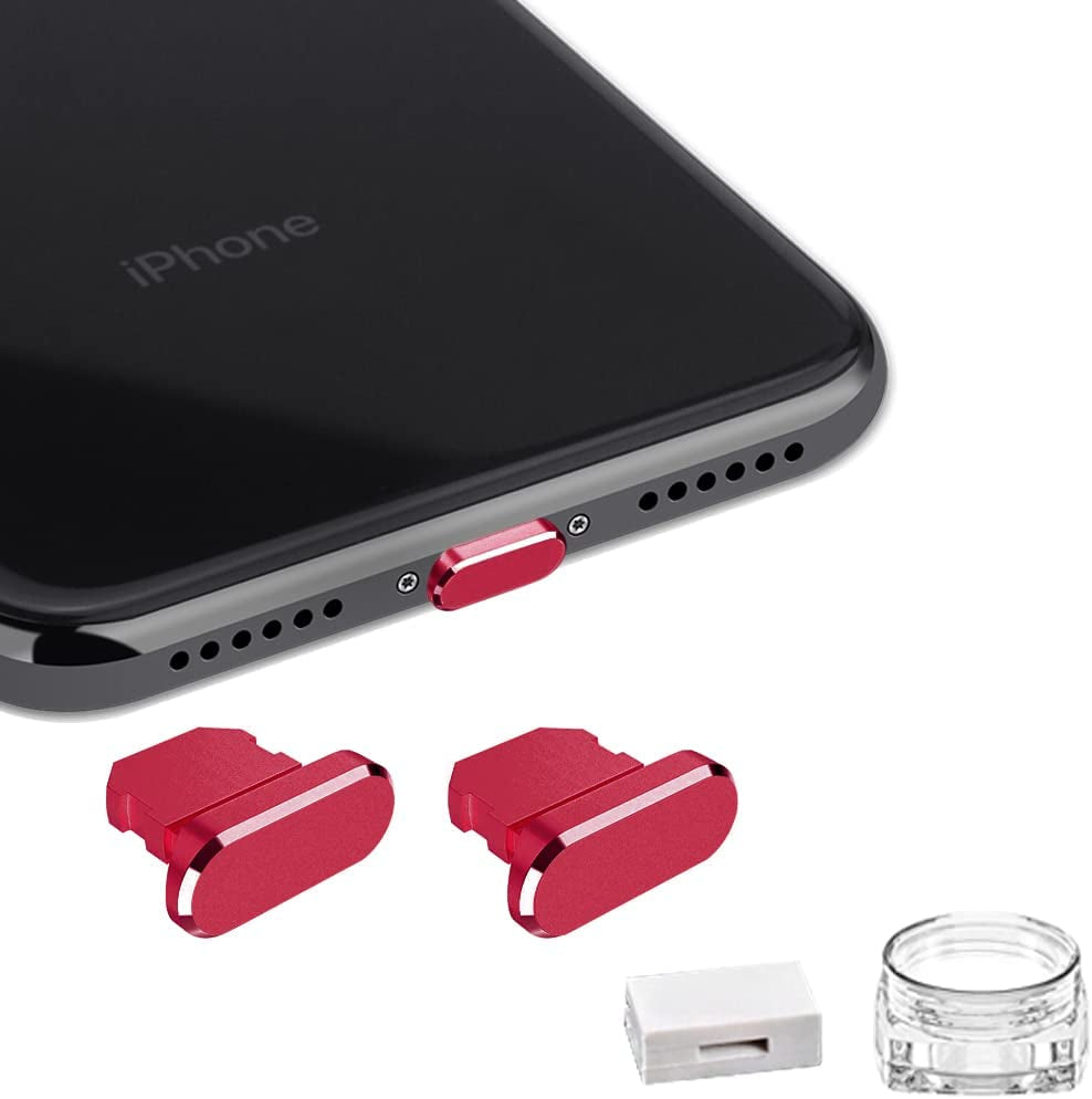VIWIEU Metal anti Dust Plug Compatible with Iphone 14 13 12 11 X XS XR 8 7 SE Mini plus Pro Max Ipad Airpods, 2 Pack Lightning Charging Port Cover Protectors with Plug Holder and Storage Box (Black)  VIWIEU 08 Red 2 PCS 