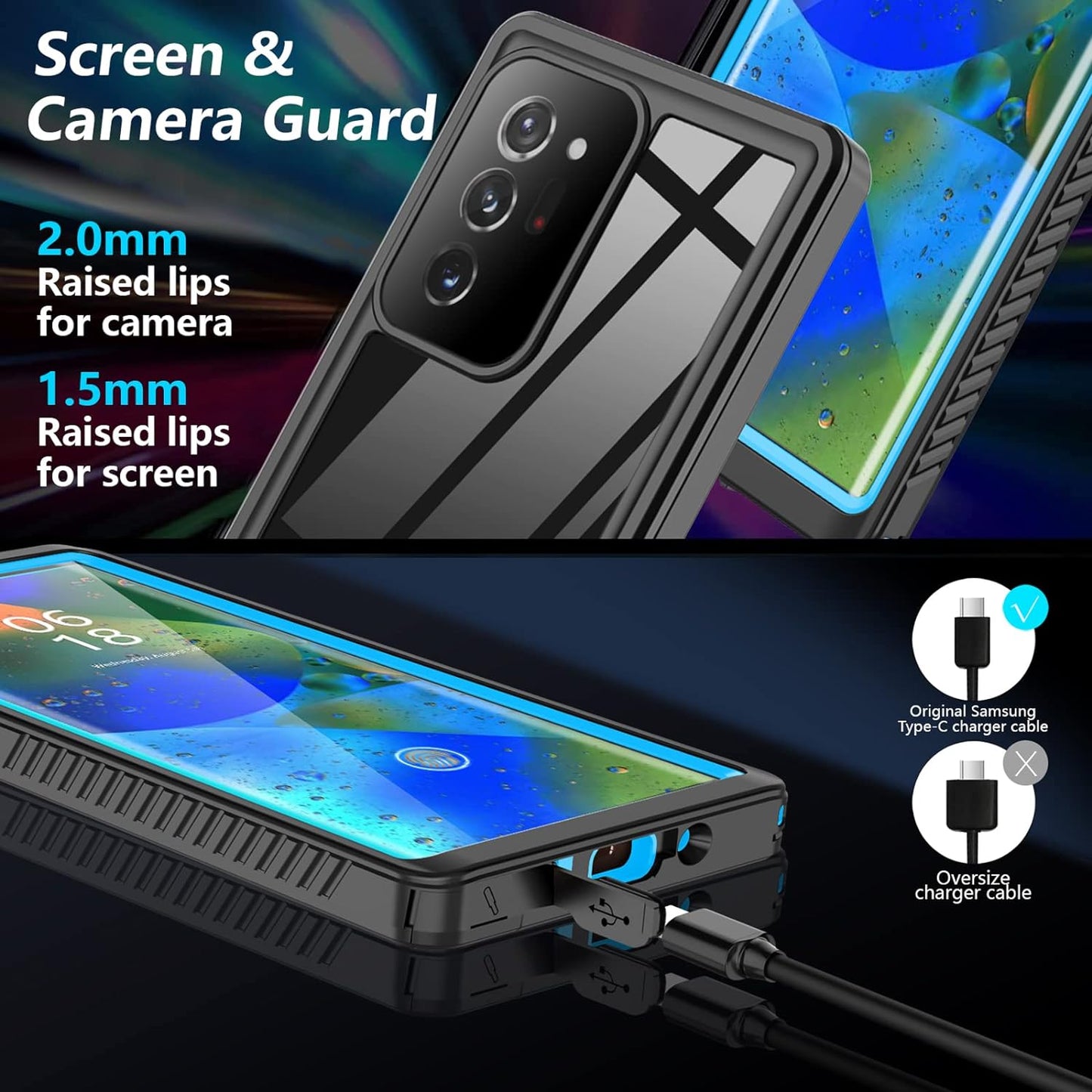 AMILIFECASES for Samsung Galaxy Note 20 Ultra Case Waterproof Shockproof,With Built in Screen Protector,Heavy Duty Protective Phone Case for Samsung Note 20 Ultra (Blue/Clear)  AMILIFECASES   
