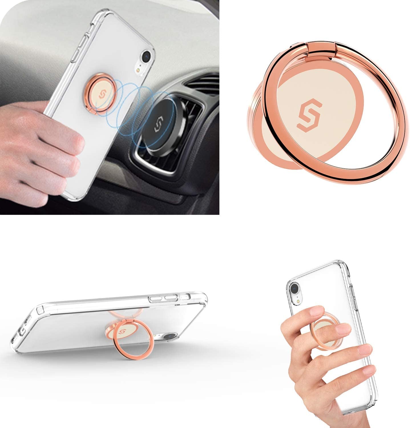 Syncwire Cell Phone Ring Holder Stand, 360 Degree Rotation Finger Ring Kickstand with Polished Metal Phone Grip for Magnetic Car Mount Compatible with Iphone, Samsung, LG, Pixel - Rose Gold  Syncwire   