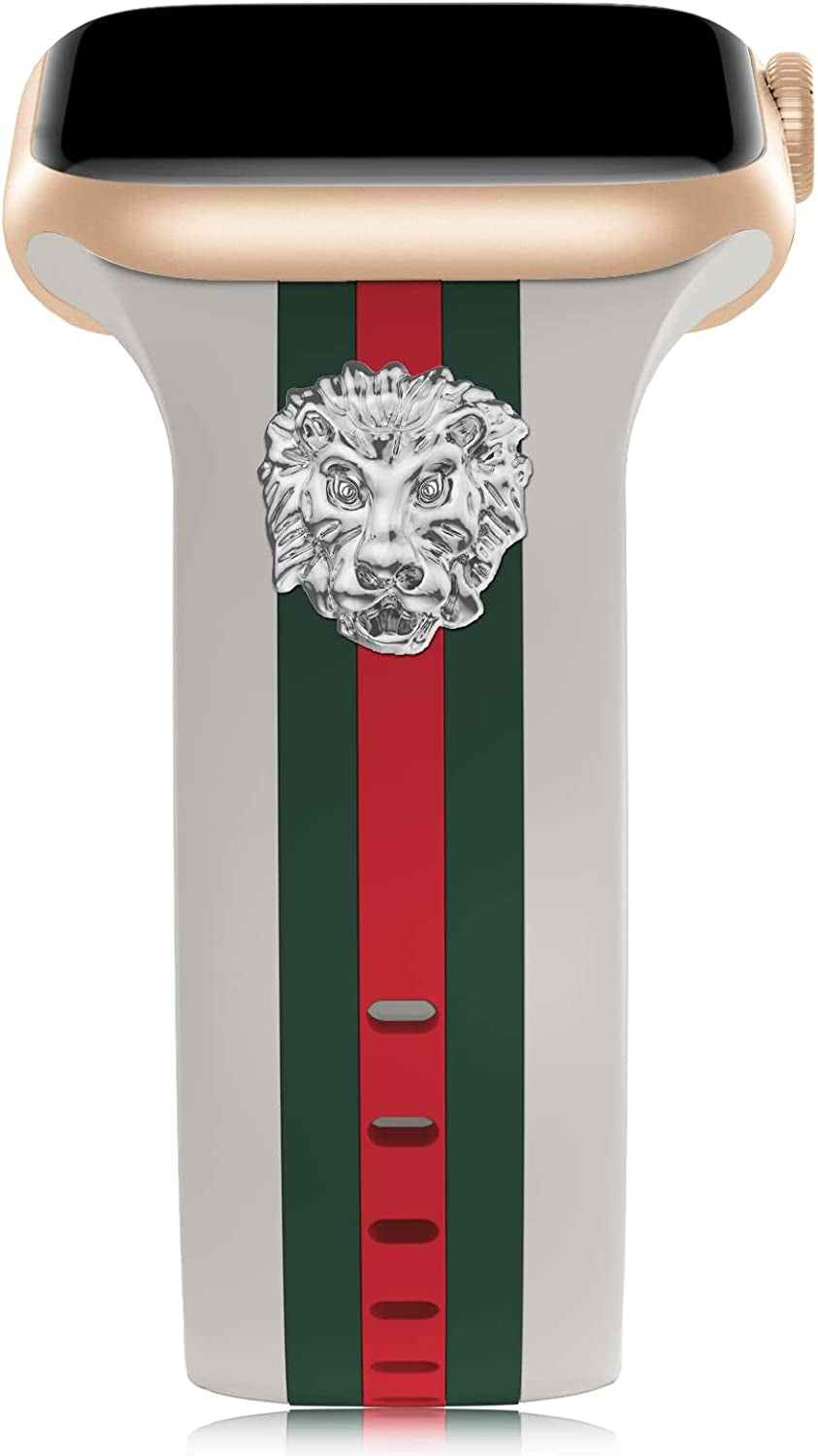 Designer Band with Charms Decor Compatible with Apple Watch Band 38Mm 40Mm 41Mm 42Mm 44Mm 45Mm 49Mm Women Men, Stylish Silicone Sport Wristbands for Iwatch Series 8 7 6 5 4 3 2 1 SE Ultra  Bagoplus Grey/Green/Red with Silver Lion 42mm/44mm/45mm/49mm 