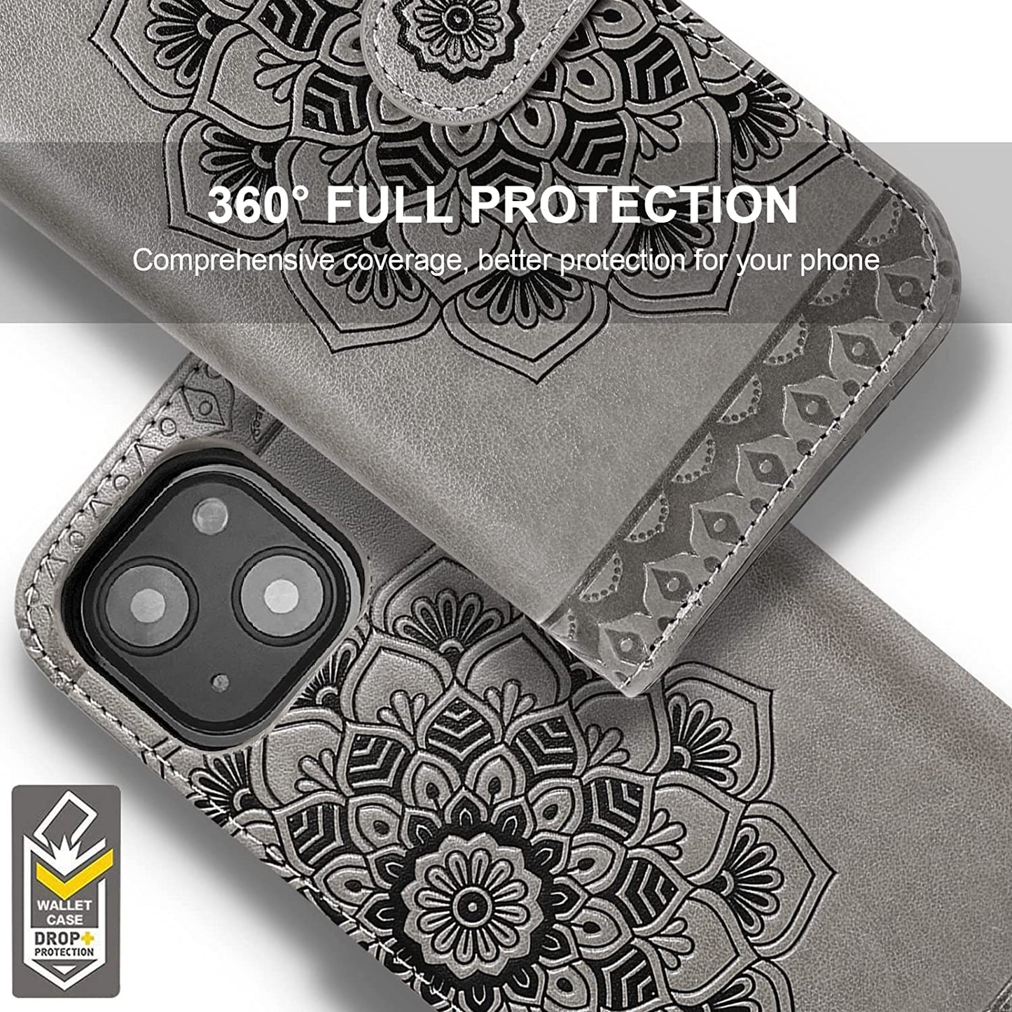 CASEOWL Compatible for Iphone 14 plus Wallet Case [Support Magsafe Charger] 2 in 1 Magnetic Detachable [RFID Blocking] Mandala Embossed Flip Leather Wallet Case with Card Holder,Strap for Women-Gray  CASEOWL   