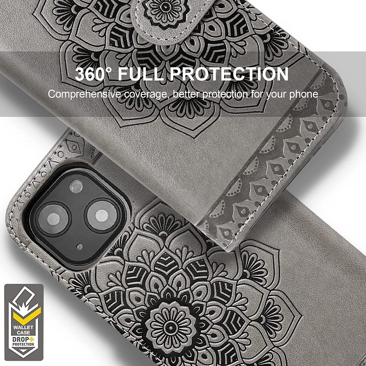 CASEOWL Compatible for Iphone 14 plus Wallet Case [Support Magsafe Charger] 2 in 1 Magnetic Detachable [RFID Blocking] Mandala Embossed Flip Leather Wallet Case with Card Holder,Strap for Women-Gray  CASEOWL   