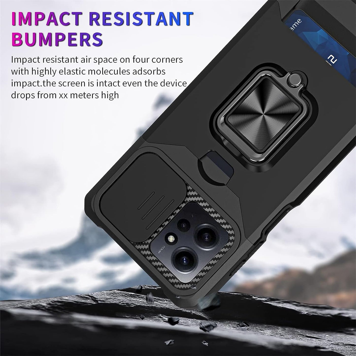 Ysnzaq for Xiaomi Redmi Note 12 4G Case with Card Holder and Sliding Camera (Not 5G), Military Grade Shockproof Protective Phone Cover for Xiaomi Redmi Note 12 4G YHZH Black  Ysnzaq   