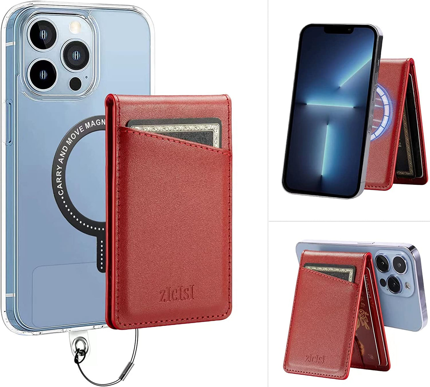 ZICISI Genuine Leather Detachable Magnetic Wallet Compatible with Magsafe Wallets Stand with 5 Card Slots & RFID Blocking&Metal Ring,For Iphone 14/13/12 Pro Max,Samsung and Android Phone Case,Purple  ZICISI Red  