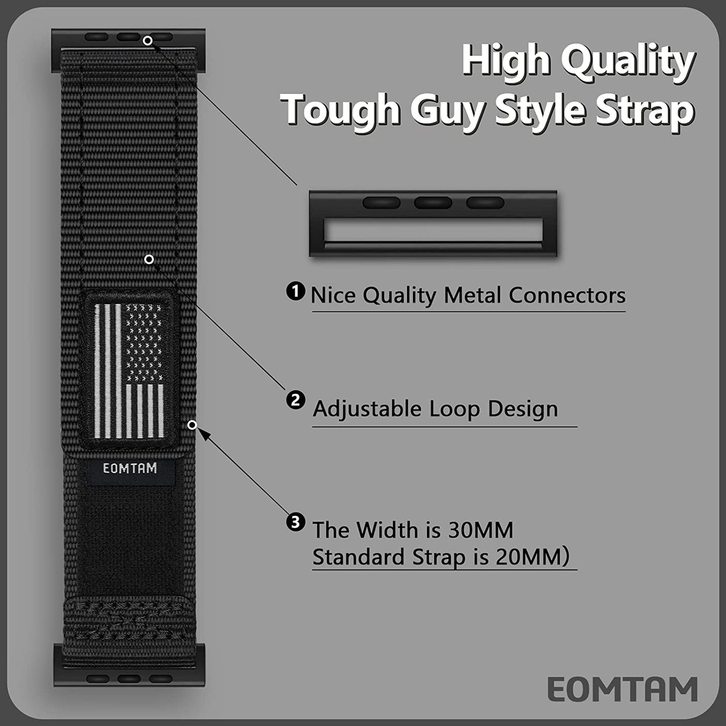 EOMTAM Men Width 30MM Adjustable Nylon Strap for Apple Watch Band Ultra 49Mm 45Mm 44Mm 42Mm 41Mm 40Mm 38Mm, Rugged Sport Soft Woven Wristband for Iwatch Series 8 SE 7 6 5 4 3  EOMTAM   