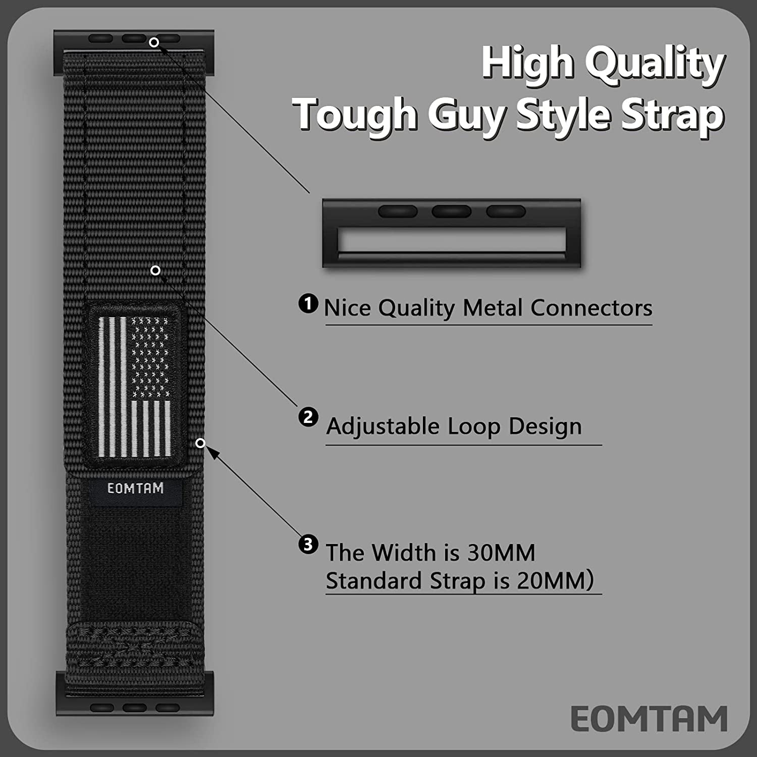 EOMTAM Men Width 30MM Adjustable Nylon Strap for Apple Watch Band Ultra 49Mm 45Mm 44Mm 42Mm 41Mm 40Mm 38Mm, Rugged Sport Soft Woven Wristband for Iwatch Series 8 SE 7 6 5 4 3  EOMTAM   