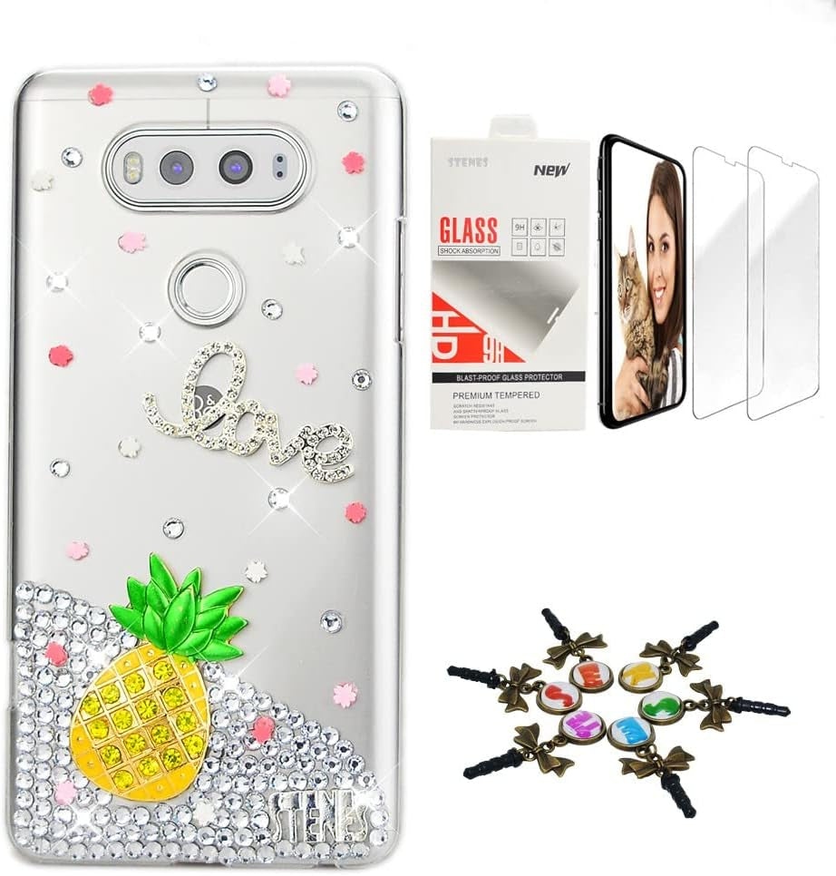 STENES Bling Case Compatible with LG V40 Thinq - Stylish - 3D Handmade [Sparkle Series] Pineapple Love Design Cover with Screen Protector [2 Pack] - Yellow  STENES   