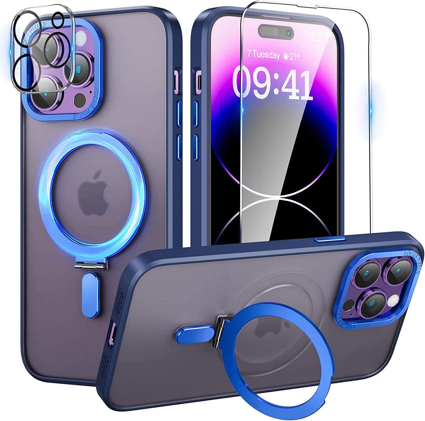 Niufoey Magnetic Stand Case for Iphone 14 Pro Max Case with Invisible Stand,[Compatible with Mag Safe][Translucent Matte Case][Tempered Glass Screen Protector+Camera Lens Protector] 6.7 Inch, Black  niufoey Dark Blue  