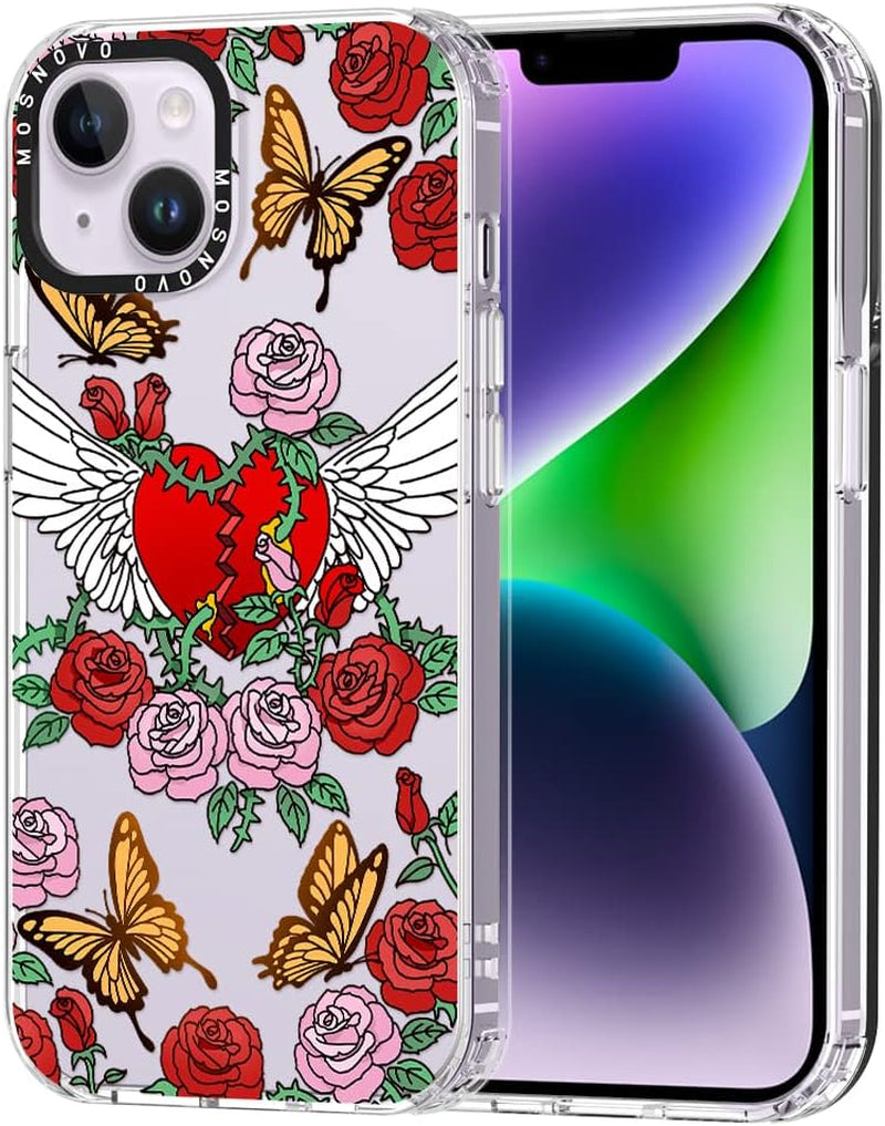 MOSNOVO Compatible with Iphone 14 plus Case, [Buffertech 6.6 Ft Drop Impact] [Anti Peel off Tech] Clear TPU Shockproof Bumper Phone Case Cover with Black Dragon Designed for Iphone 14 plus 6.7"  MOSNOVO Wing Heart  