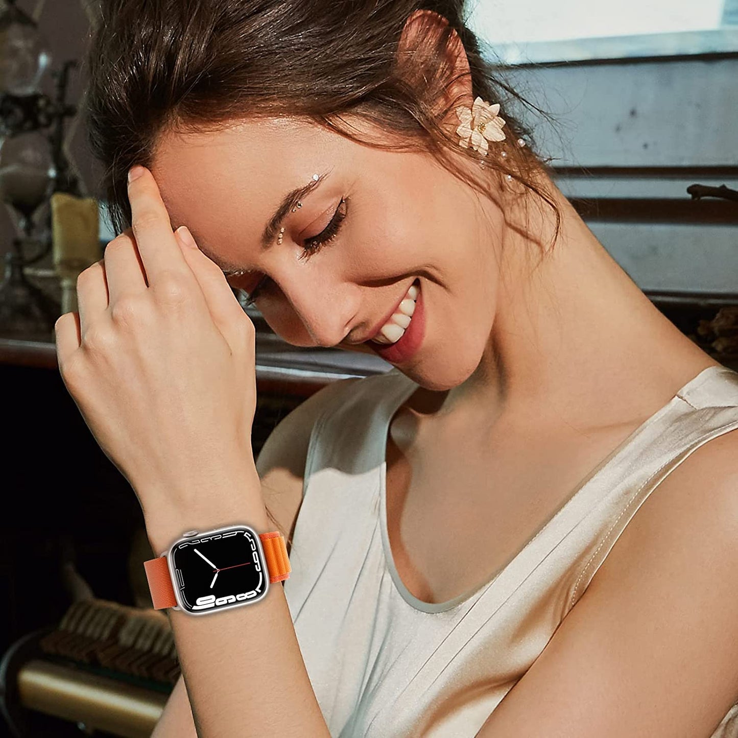 4 Pack Alpine Loop Nylon Band Compatible with Apple Watch Band 49Mm 45Mm 44Mm 42Mm Women Men,Adjustable Sport Metal C-Hook Strap for Iwatch Ultra Series SE 8/7/6/5/4/3/2/1,Black/Orange/Starlight/Green  AWYNJY   