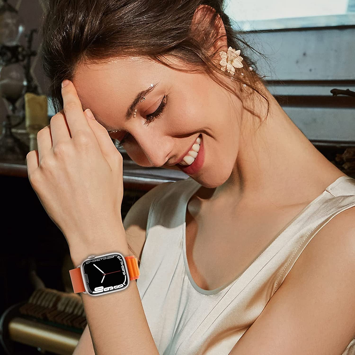 4 Pack Alpine Loop Nylon Band Compatible with Apple Watch Band 49Mm 45Mm 44Mm 42Mm Women Men,Adjustable Sport Metal C-Hook Strap for Iwatch Ultra Series SE 8/7/6/5/4/3/2/1,Black/Orange/Starlight/Green  AWYNJY   