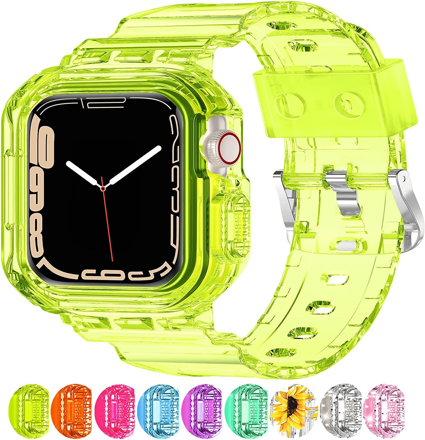 XYF Compatible for Crystal Clear Apple Watch Bands, 45Mm 44Mm 42Mm 41Mm 40Mm 38Mm 49Mm with Bumper Case for Men Women Jelly Sport Case and Band for Iwatch Ultra Series 8 7 SE/6 5 4 3 2 1  XYF Fluorescent Yellow 38/40/41mm 