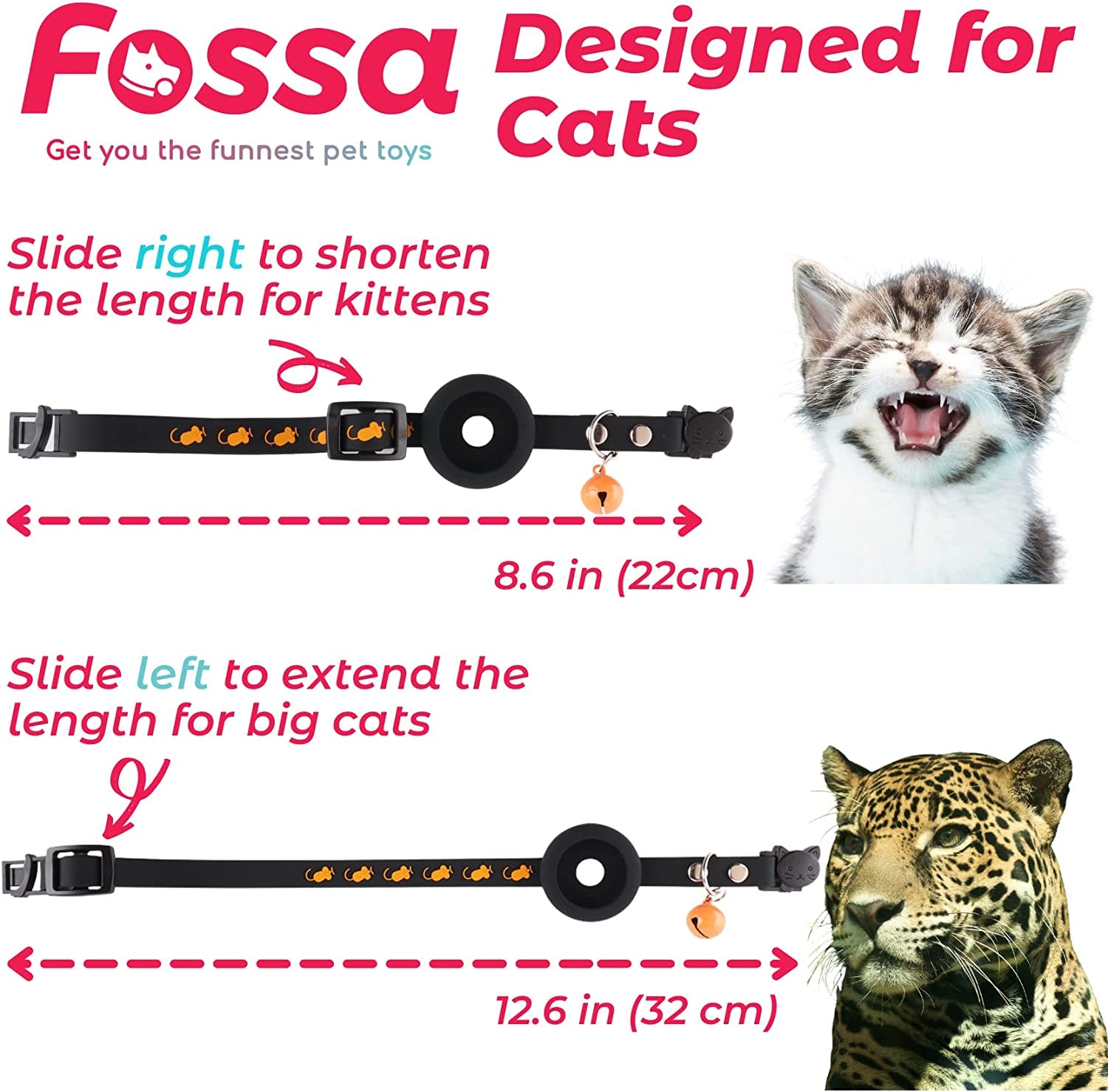FOSSA Airtag Cat Collar W/Bell, Black  FOSSA   
