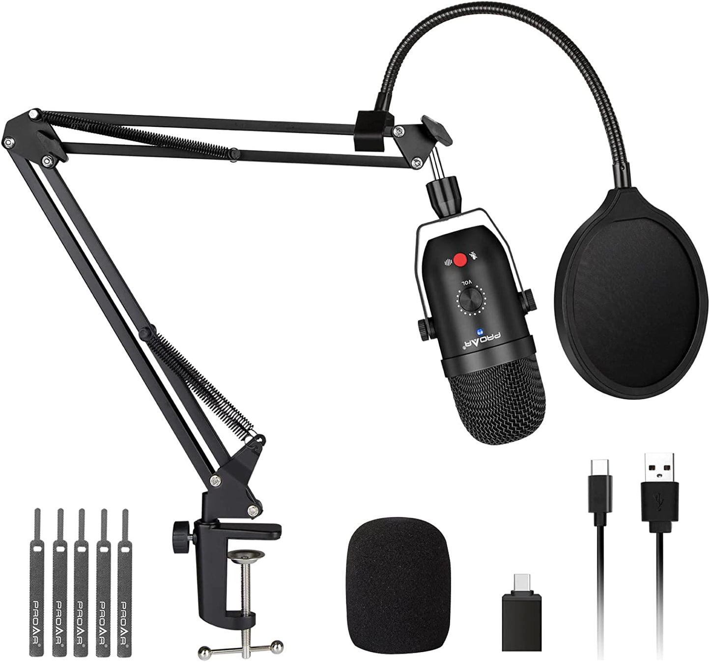 USB Microphone for PC Computer PS4 Cardioid Condenser ASMR Microphone Kit Metal Podcast Microphone for Streaming Gaming Studio Video Recording Youtube Noise Cancelling Microphone for Laptop Phone Mac  PROAR   