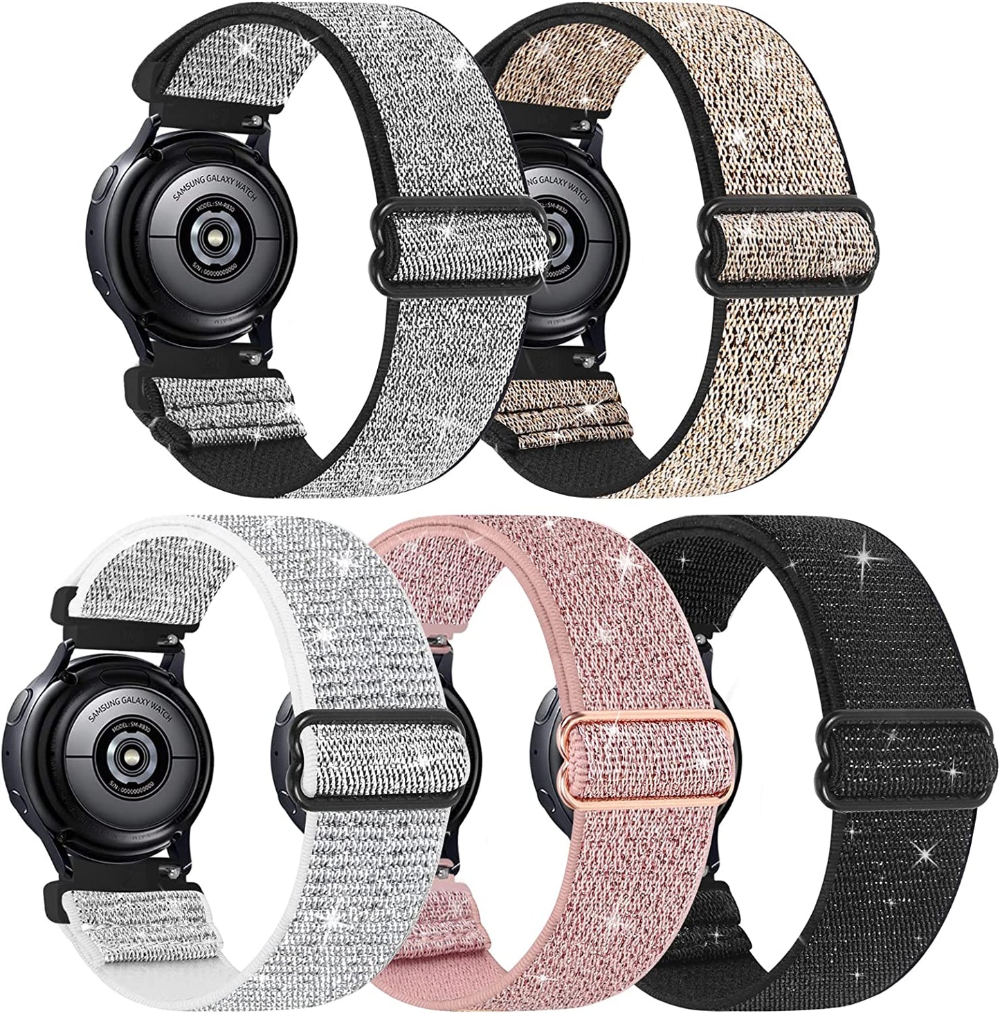 5 Pack Stretchy Nylon Watch Bands Compatible with Samsung Galaxy Watch Active 2 Bands 40Mm 44Mm/Active 40Mm/Galaxy Watch 3 41Mm/Galaxy Watch 42Mm/Gear S2/Galaxy Watch 4 Fabric 20Mm Wristband  MEULOT Light-Black/Gold/Pink/Silver/BlackSilver  