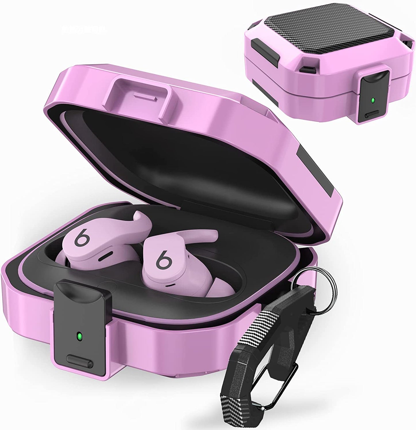Secure Lock Case for Beats Fit Pro 2021, Carbon Fiber Texture Beats Fit Pro Earbuds Case Cover with Anti-Lost Keychain/Storage Box/Cleaning Brush/Wrist Strap (Pinkish Purple)  Mooyavia   