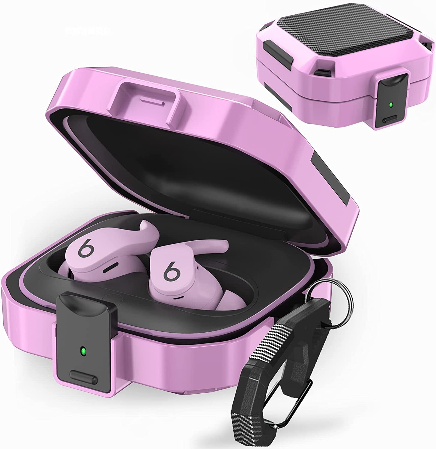 Secure Lock Case for Beats Fit Pro 2021, Carbon Fiber Texture Beats Fit Pro Earbuds Case Cover with Anti-Lost Keychain/Storage Box/Cleaning Brush/Wrist Strap. (White)  Mooyavia Purple  