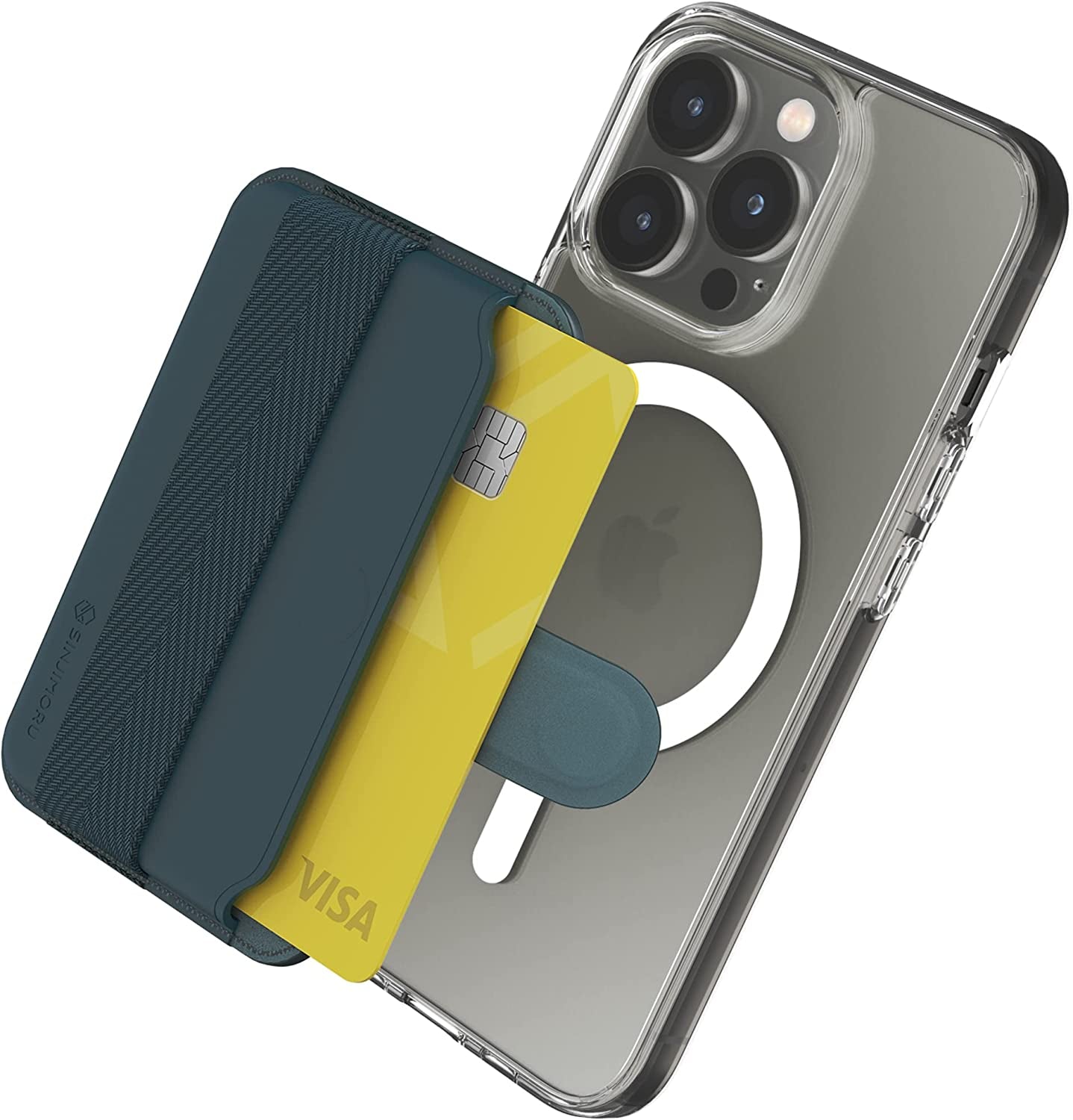 Sinjimoru Comb-Pattern Phone Grip Wallet for Magsafe, Vegan Leather Magnetic Cell Phone Card Holder & Wool Band Strap as Credit Card Case for Iphone 12 13 14 plus Pro Max. M-Pull Tab Band Black  Sinjimoru Co.Ltd Band Marine Blue  