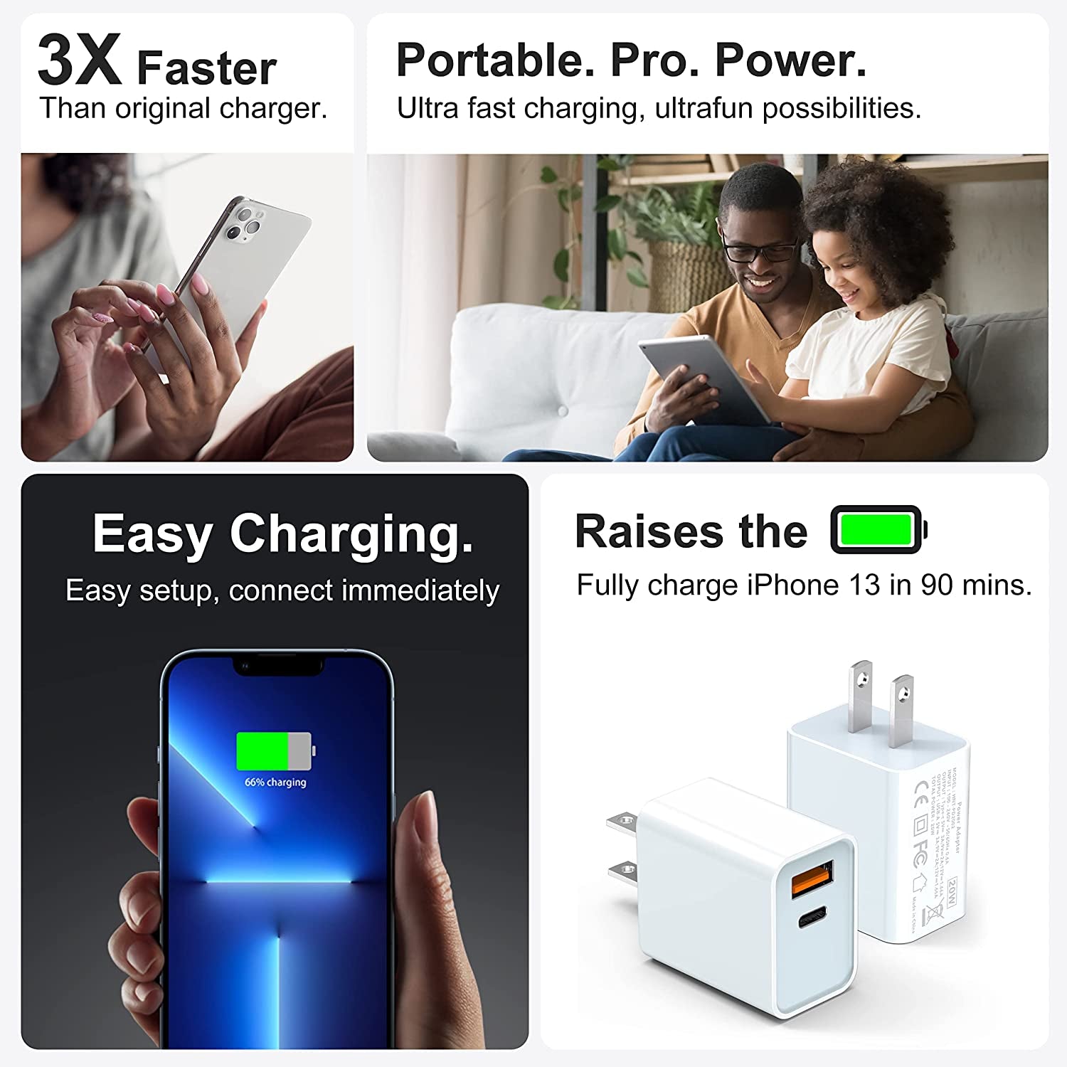 [3 Pack] USB-C Wall Charger, 20W Durable Dual Port QC+PD 3.0 Power Adapter, Double Fast Plug Charging Block for Iphone 14/14 Pro/14 Pro Max/14 Plus/13/12/11, XS/XR/X, Watch Series 8/7 Cube(White)  CSODINCE   