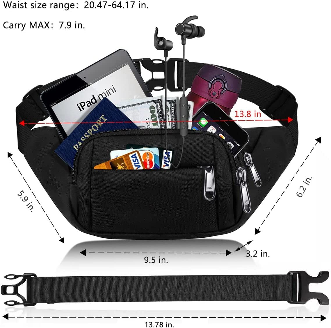 Large Fanny Pack for Women Men - Syican Waist Bag with 4-Zipper Pockets, Gifts for Enjoy Sports Traveling Workout Casual Hands-Free Crossbody Bags Fits MAX 7.9'' Ipad & 6.6'' Phone  Syican   