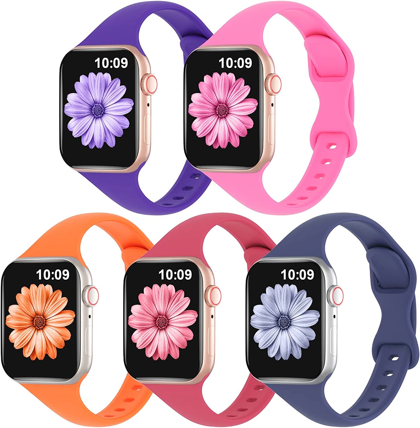 TSAAGAN 5 Pack Silicone Slim Bands Compatible with Apple Watch Band 38Mm 42Mm 40Mm 44Mm 41Mm 45Mm 49Mm, Soft Narrow Sport Strap Thin Wristband for Iwatch Ultra Series 8/7/SE/6/5/4/3/2/1 Women Men  TSAAGAN Purple/Hot Pink/Bright Orange/Hibiscus/Alaskan Blue 38/40/41mm 
