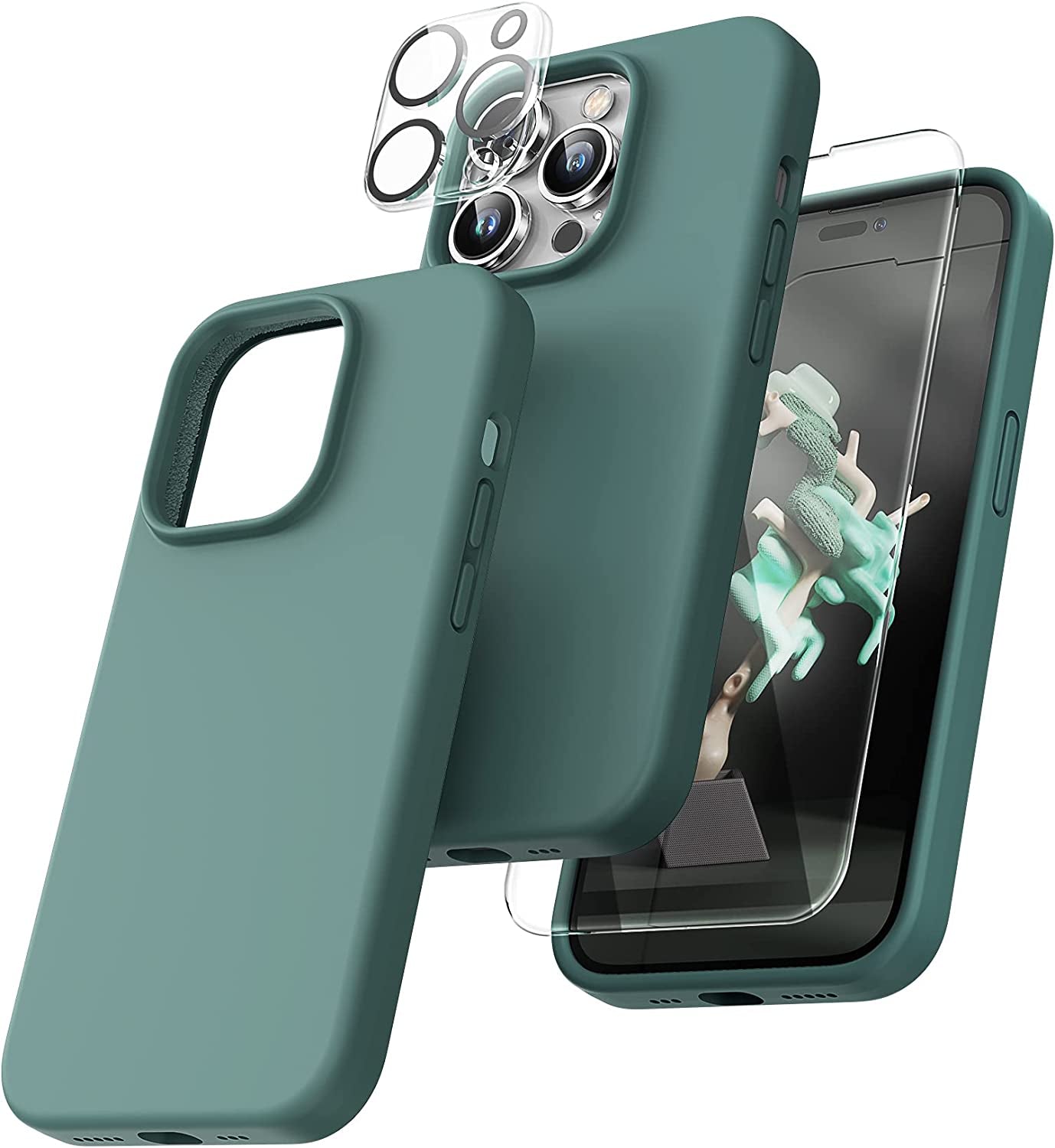 TOCOL [5 in 1 Designed for Iphone 14 Pro Case, with 2 Pack Screen Protector + 2 Pack Camera Lens Protector, Liquid Silicone Phone Case 6.1 Inch, [Anti-Scratch] [Drop Protection], Alpine Green  TOCOL Midnight Green  