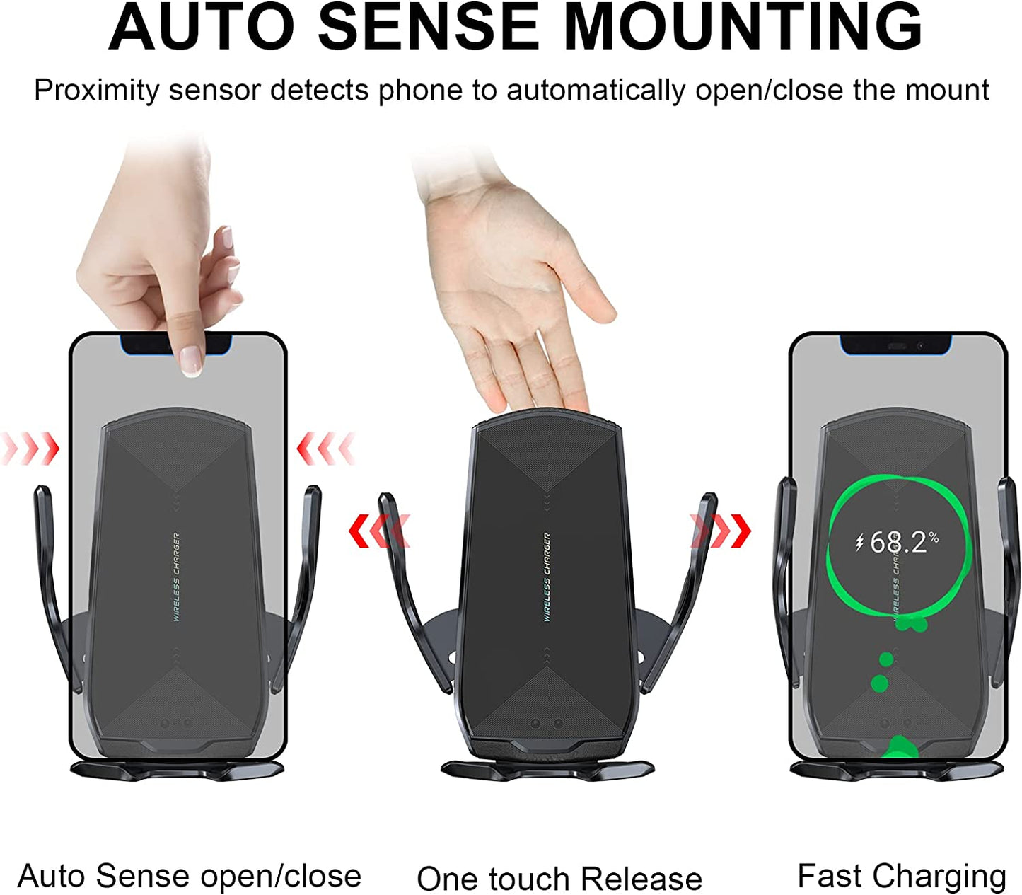 Wireless Car Charger Mount, 15W Qi Fast Charging Auto-Clamping Cell Phone Car Holder Air Vent Windshield Dashboard Long Arm Suction Cup Car Phone Mount for Iphone13 /12/11 Samsung S20/S10/S9/S8 LG  HonShoop   