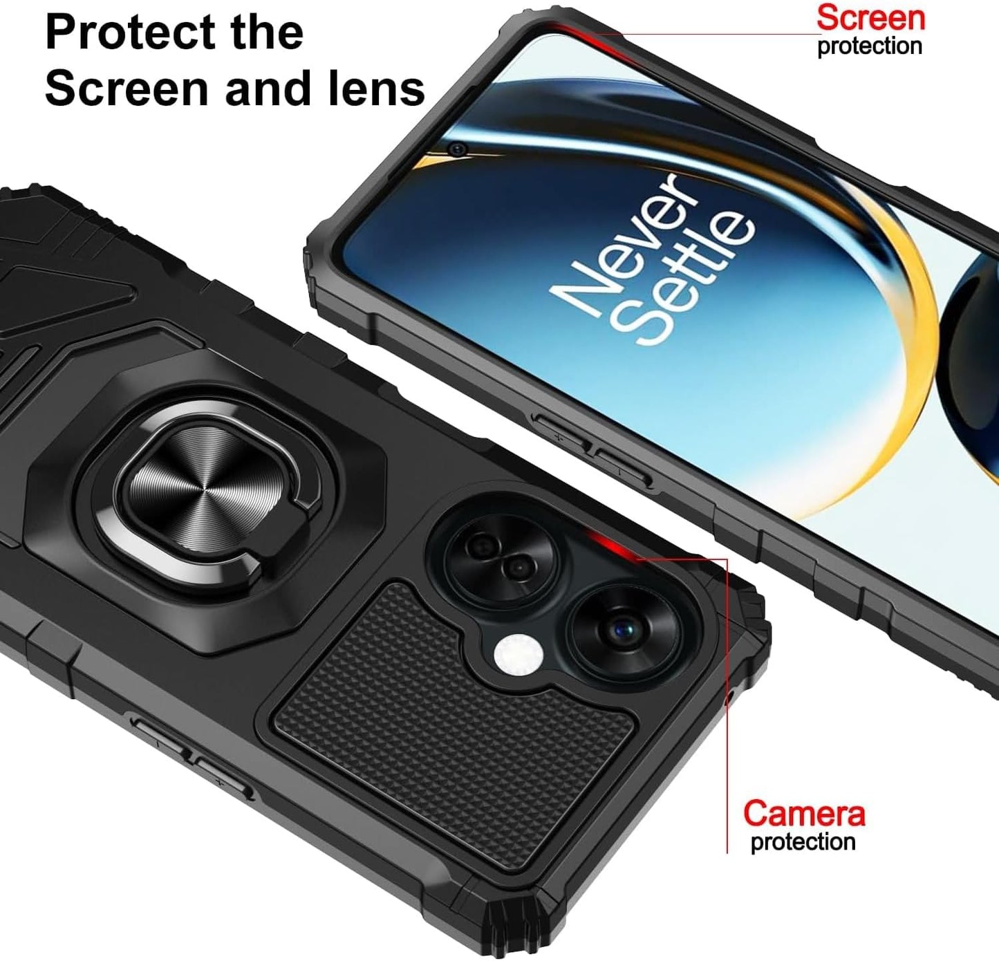 TJS Compatible for Oneplus Nord N30 5G Case, with Tempered Glass Screen Protector, Metal Ring Magnetic Support Kickstand Heavy Duty Drop Protection Cover Phone Case (Black)  TJS   