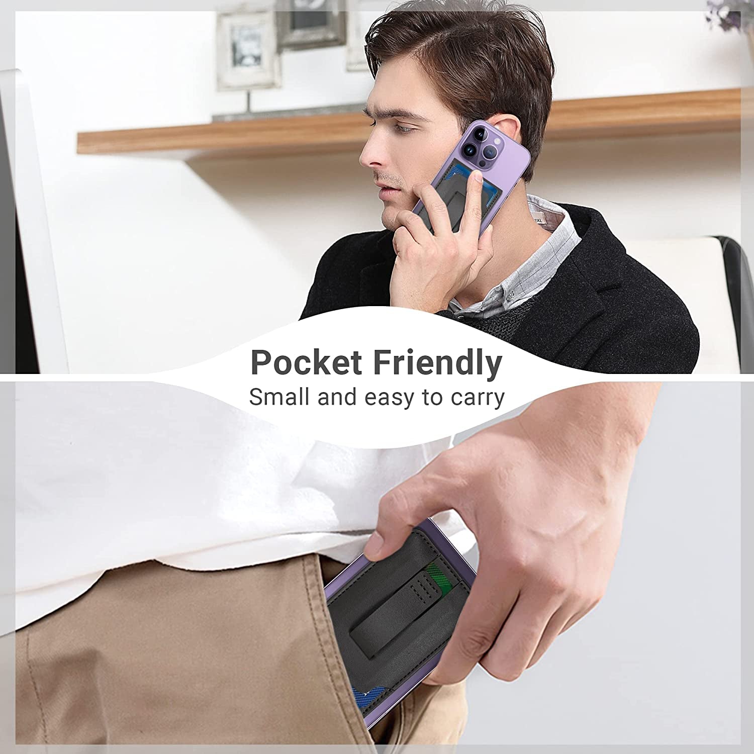 Magsafe Phone Wallet Card Holder: Magnetic Apple Wallet and Adjustable Phone Stand for Iphone 14/13/12 Series, 4 Cards Holder, Grip Finger Loop, Vegan Leather, Black (Not for Iphone 13 Mini/12 Mini)  Huogantom   