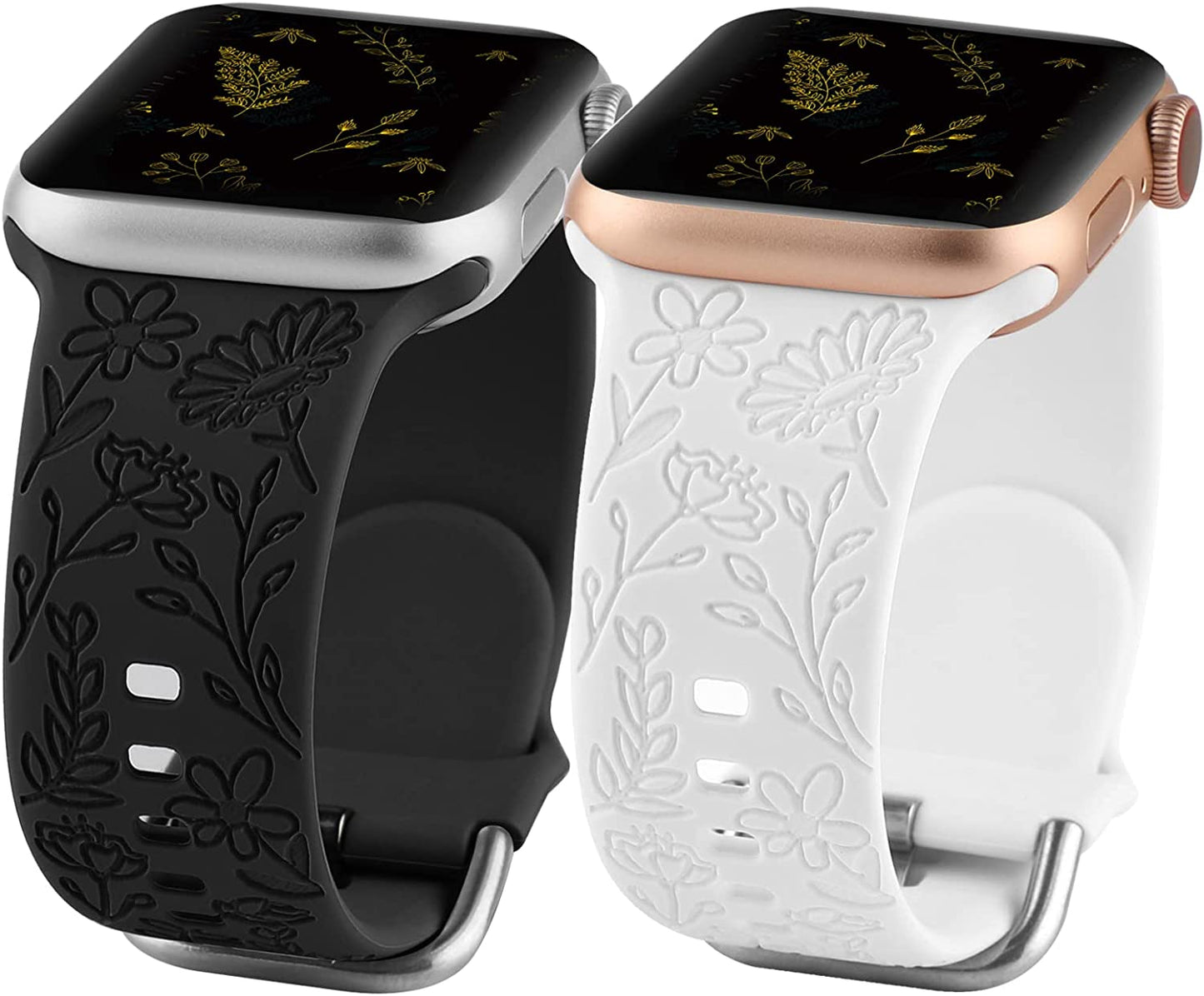 2 Pack Flower Engraved Sport Strap Compatible with Apple Watch Bands 38Mm 40Mm 41Mm, Women Floral Laser Soft Silicone Wristband Replacement Iwatch Series 8 7 6 5 4 3 2 1 SE  TERKOWQI Black White 38/40/41mm 