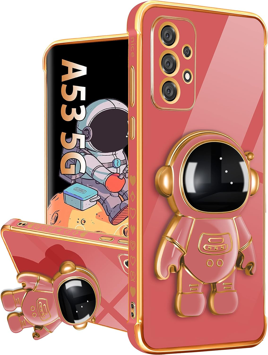 Buleens for Samsung A53 5G Case with Astronaut Stand, Women Girls Galaxy A53 5G Cases, Girly Cute 6D Outer Space Heart Pattern Phone Cover for Samsung Galaxy A53 5G Case 6.5 Inch White  Buleens Samsung Galaxy A53 5G-Red  