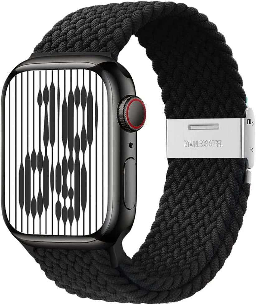 Qimela Compatible with Apple Watch Band 49Mm 45Mm 44Mm 42Mm,Stretchy Sport Solo Loop Strap with Adjustable Buckle,Elastic Nylon Braided Wristband for Iwatch Series 8 7 6 SE 5 4 3 2 1 Ultra,Women Men  FS-TECH Black (with Silver Buckle) 42mm/44mm/45mm/49mm 
