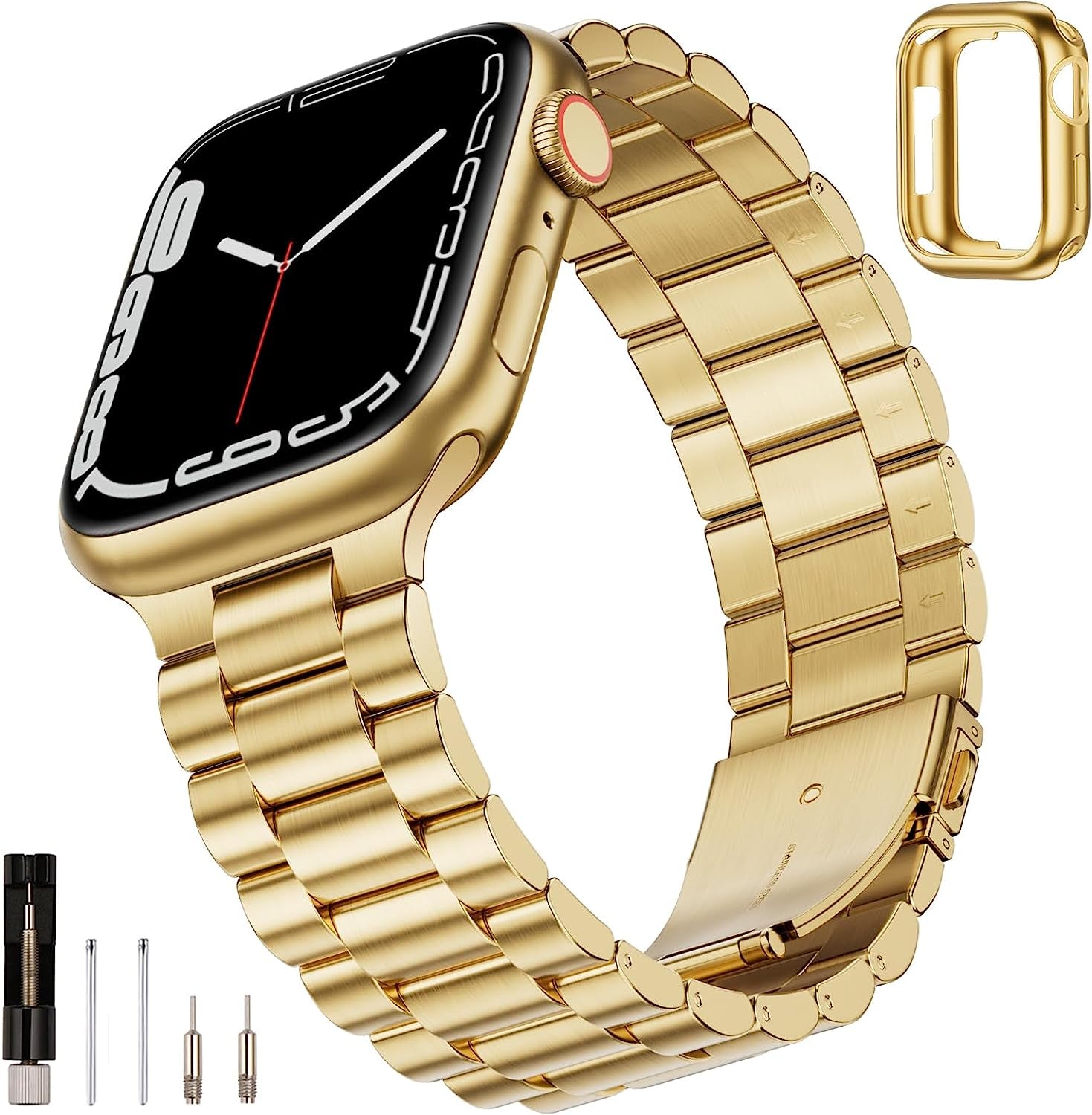 SUNFWR Compatible with Apple Watch Band 45Mm 44Mm 42Mm for Men Women, Stainless Steel Metal Iwatch Band with Case for Apple Watch Series 8/7/6/5/4/3/2/1/SE/SE2 (Black, 42Mm/44Mm/45Mm)  SUNFWR Golden 38mm/40mm/41mm 