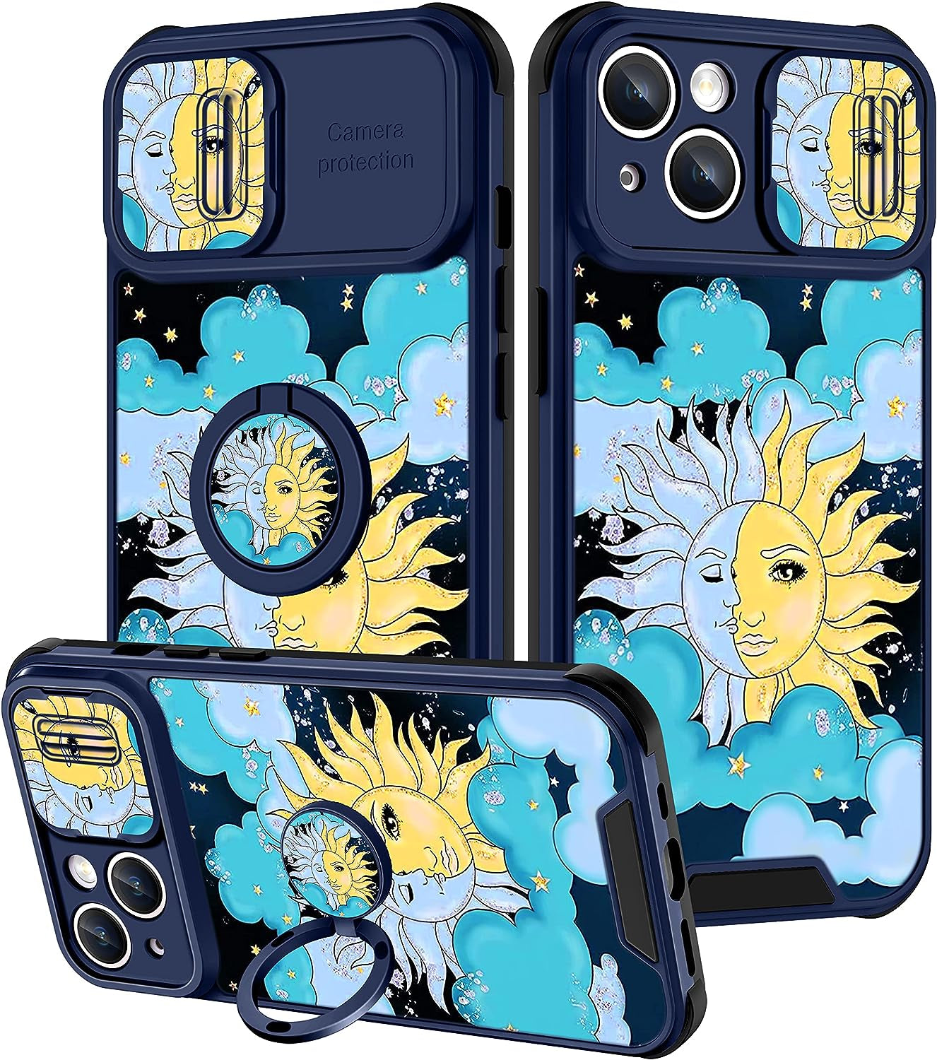 Goocrux (2In1 for Iphone 14 plus Case for Girls Women Kawaii Cartoon Girly Phone Cover Cute Unique Design with Slide Camera Cover+Ring Holder Pink Rainbow Cases for Iphone 14Plus 6.7 Inch  Goocrux Sun Clouds  