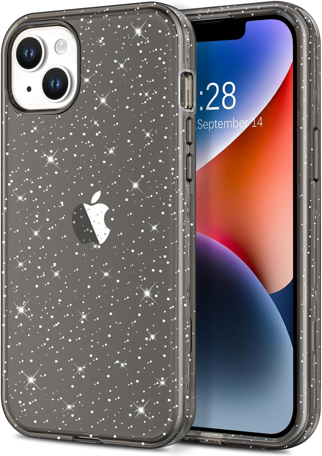 Hython for Iphone 14 plus Case, Heavy Duty Full-Body Defender Protective Phone Cases Glitter Bling Sparkle Hard Shell Hybrid Shockproof/Drop Proof 3-Layer Military Rubber Bumper Cover for Women Girls  Hython Black Glitter  