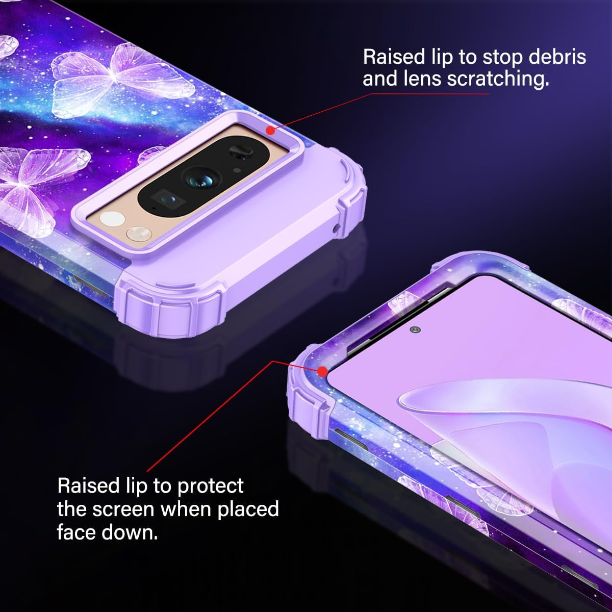 Rancase for Google Pixel 8 Pro Case,Three Layer Heavy Duty Shockproof Full Protection Hard Plastic Bumper+Soft Silicone Rubber Protective Girls Case for Google Pixel 8 Pro 6.7 Inch,Purple Butterfly  Rancase   