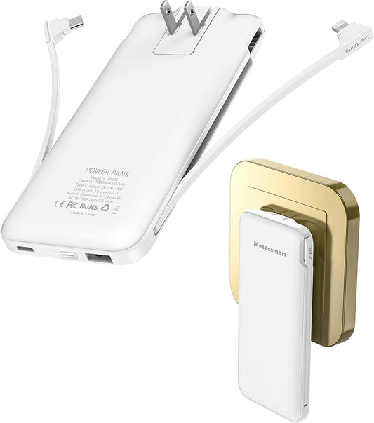 Metecsmart Portable Charger, Power Bank, Built in Cable and AC Wall Plug, 10000Mah USB C Phone Charger, Fast Charging Battery Pack, Slim Power Bank Travel Essentials Compatible with Iphone, Android  Metecsmart   