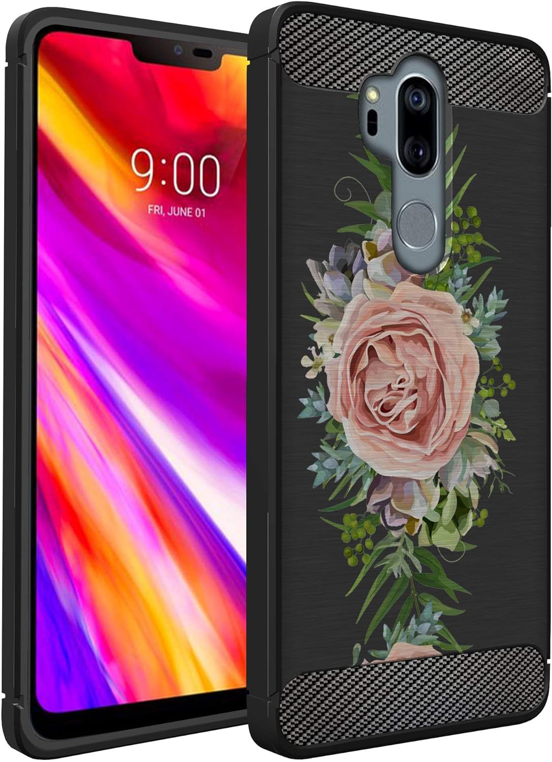 Casesondeck Case Compatible with [LG G7 / LG G7 Thinq] Tribal Floral Matte TPU Flexible Carbon Fiber Textured (Horse Tribal)  CasesonDeck Pink Rose  