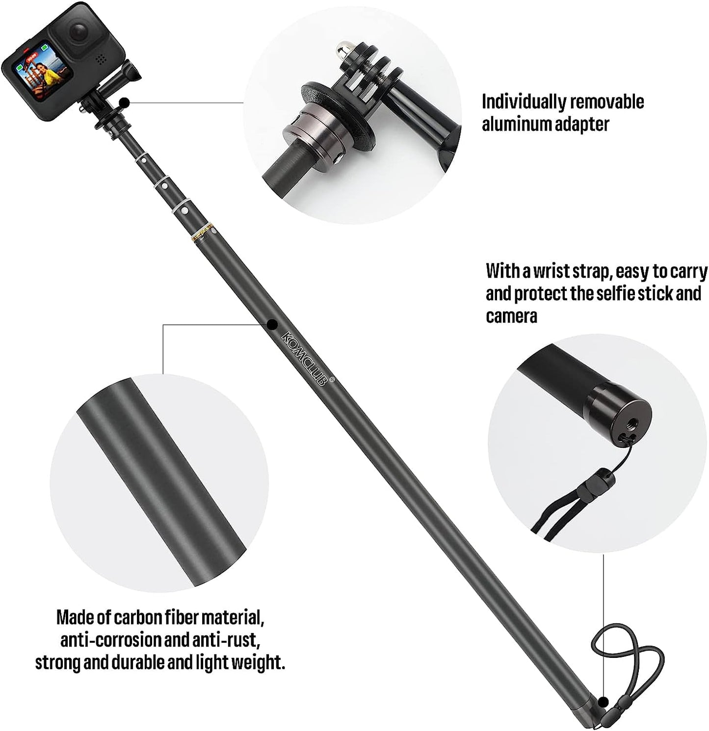 KOMCLUB Monopod Selfie Sticks for Action Camera 113.7” Extendable Carbon Fiber Super Long Selfie Sticks Compatible 5-Section Adjustable Selfie Poles with Wrist Strap for Sports Camping Traveling  KOMCLUB   