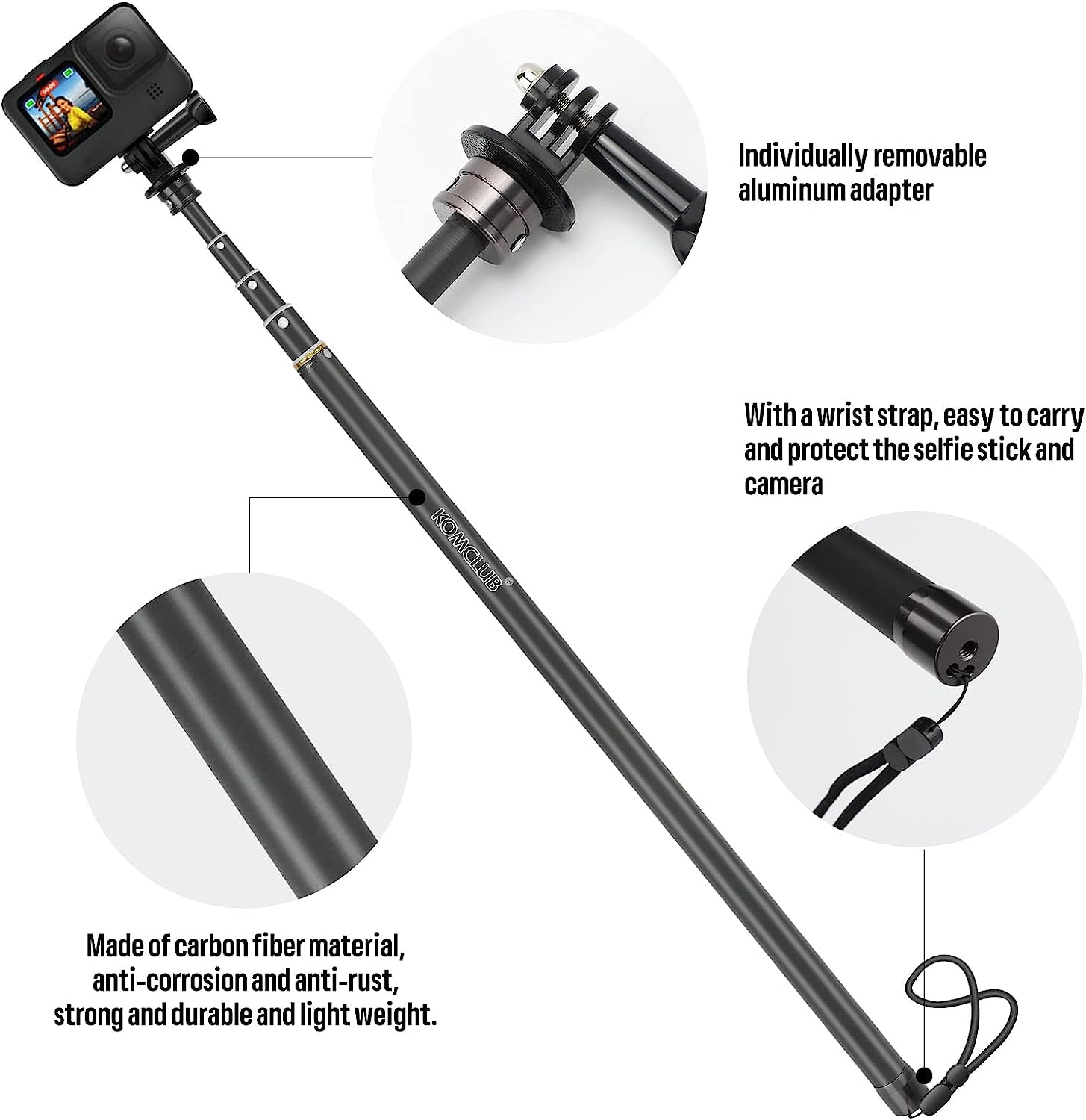 KOMCLUB Monopod Selfie Sticks for Action Camera 113.7” Extendable Carbon Fiber Super Long Selfie Sticks Compatible 5-Section Adjustable Selfie Poles with Wrist Strap for Sports Camping Traveling  KOMCLUB   