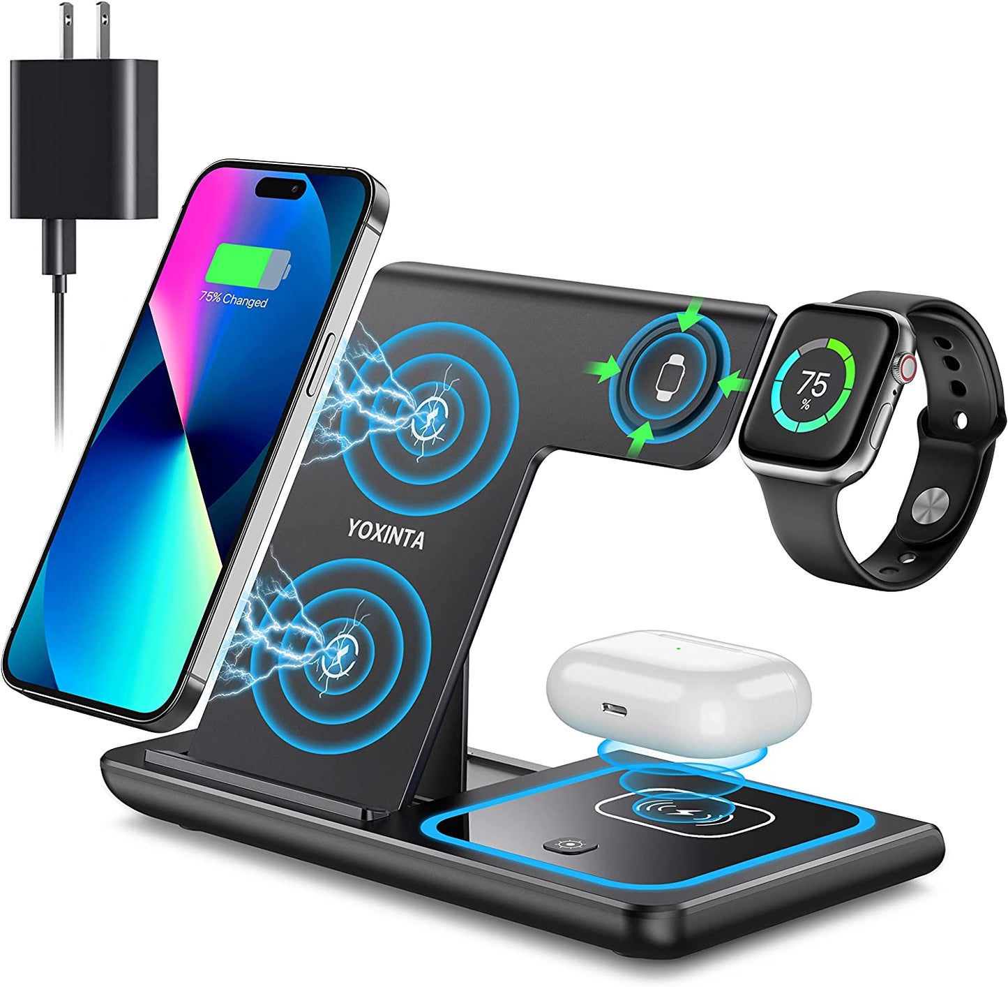 Wireless Charger, 3 in 1 Wireless Charging Station, Fast Wireless Charger Stand for Iphone 14/13/12/11/Pro/Max/Xs/Xr/X/8/Plus, for Apple Watch 8/7/6/5/4/3/2/SE, for Airpods 3/2/Pro(Black)  YOXINTA   